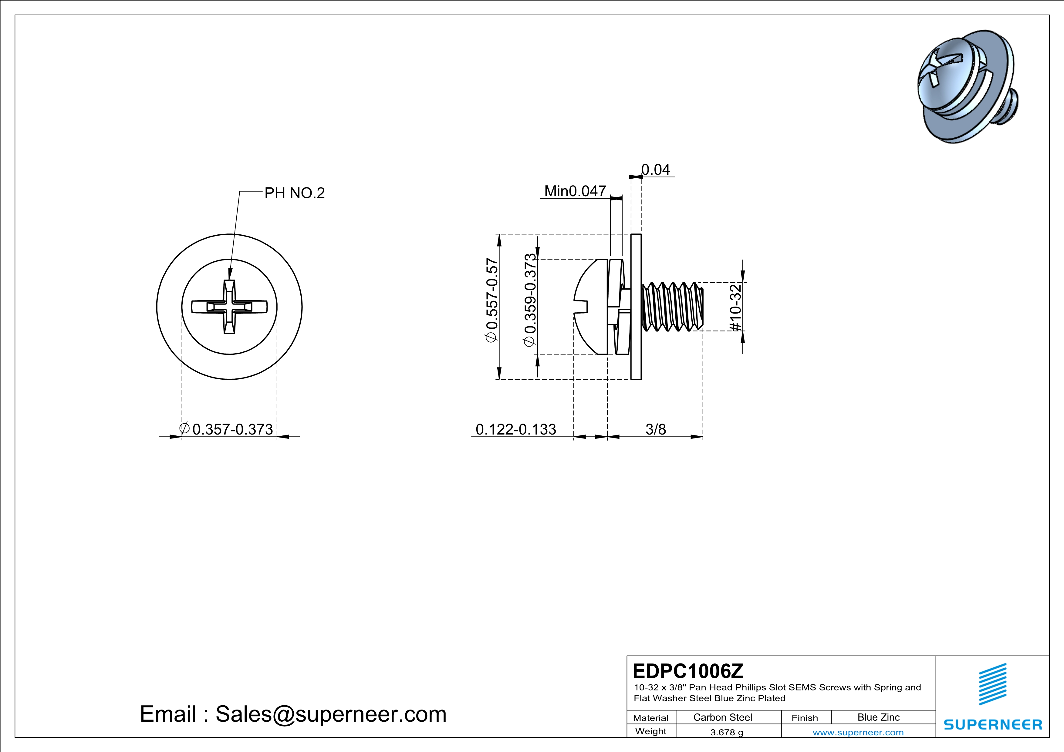 10-32 x 3/8" Pan Head Phillips Slot SEMS Screws with Spring and Flat Washer Steel Blue Zinc Plated