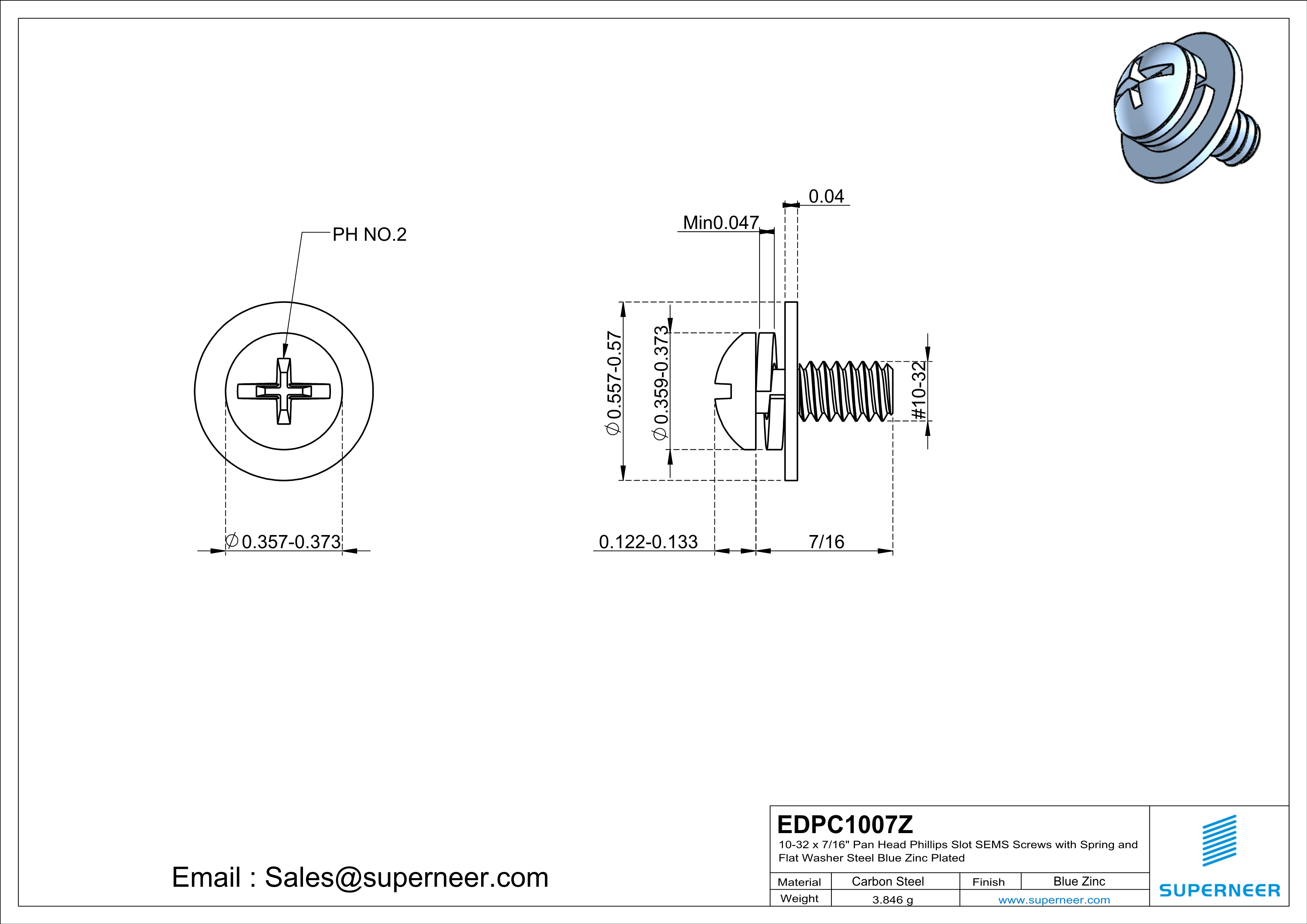 10-32 x 7/16" Pan Head Phillips Slot SEMS Screws with Spring and Flat Washer Steel Blue Zinc Plated