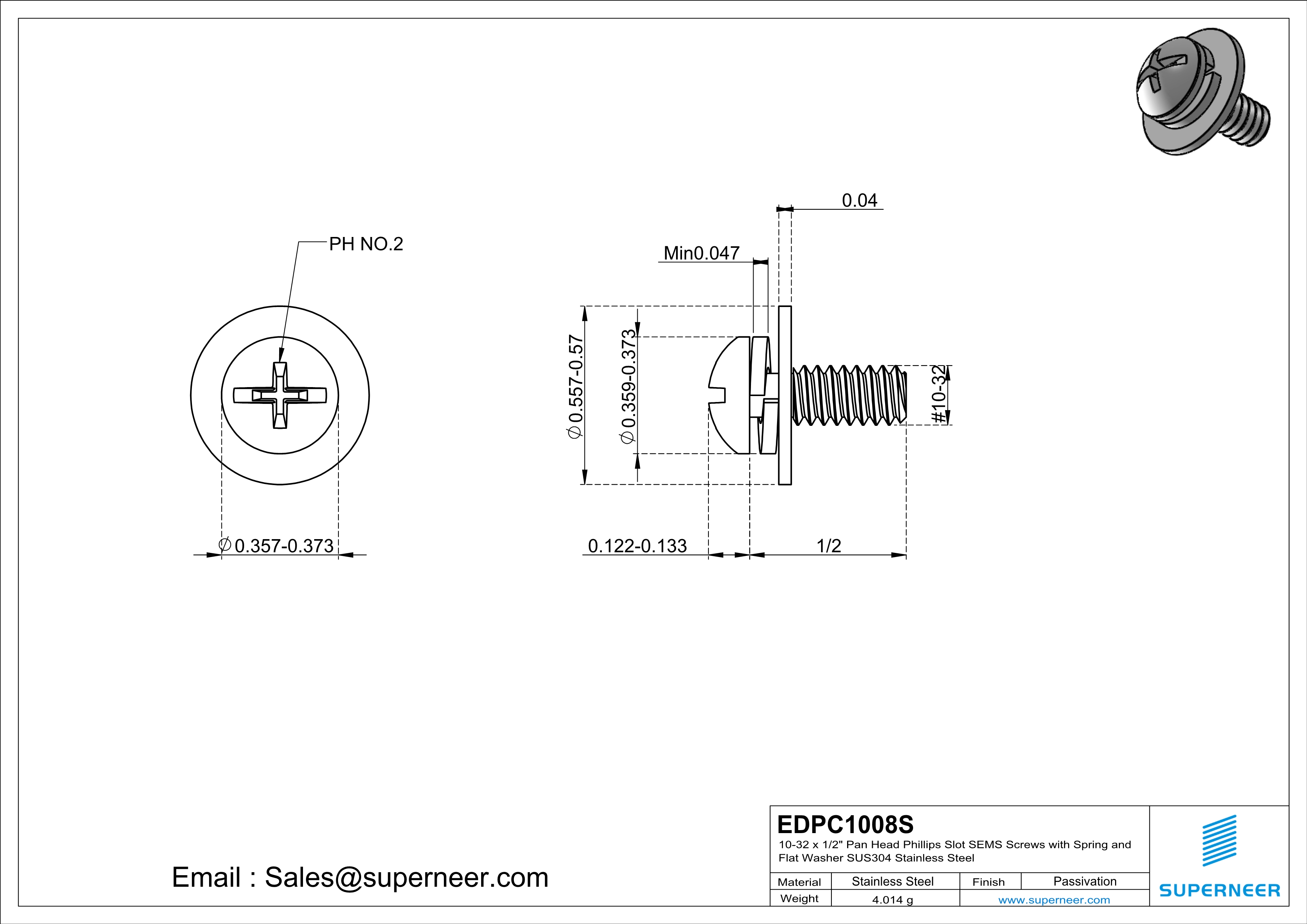 10-32 x 1/2" Pan Head Phillips Slot SEMS Screws with Spring and Flat Washer SUS304 Stainless Steel Inox