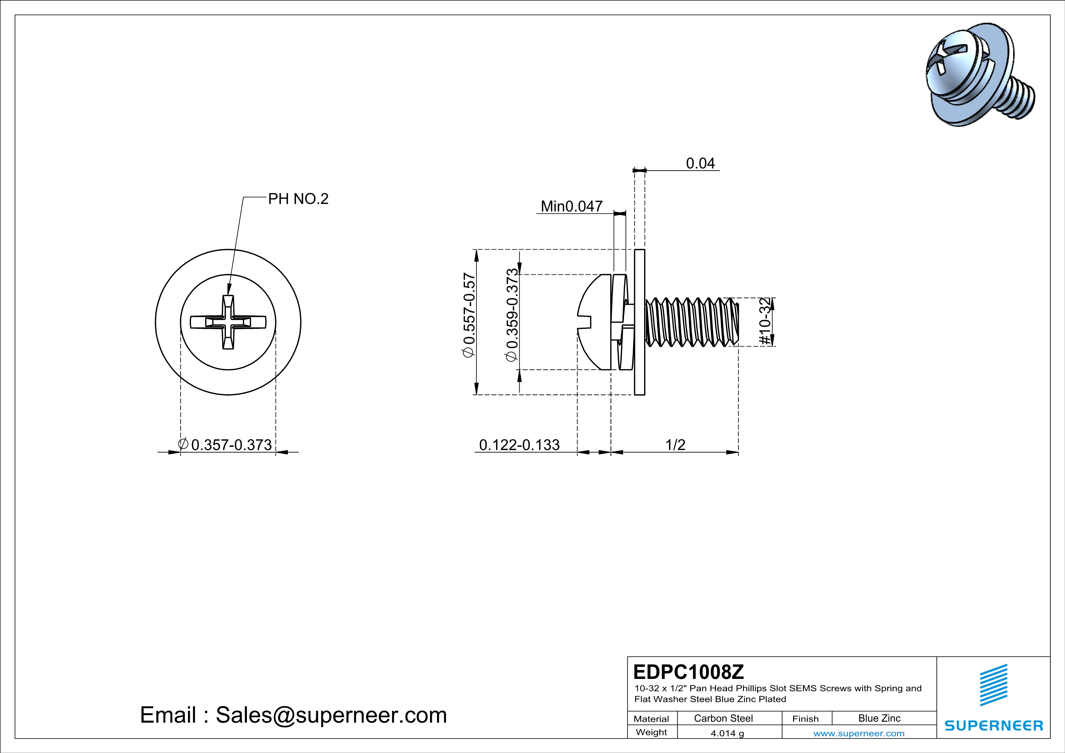 10-32 x 1/2" Pan Head Phillips Slot SEMS Screws with Spring and Flat Washer Steel Blue Zinc Plated