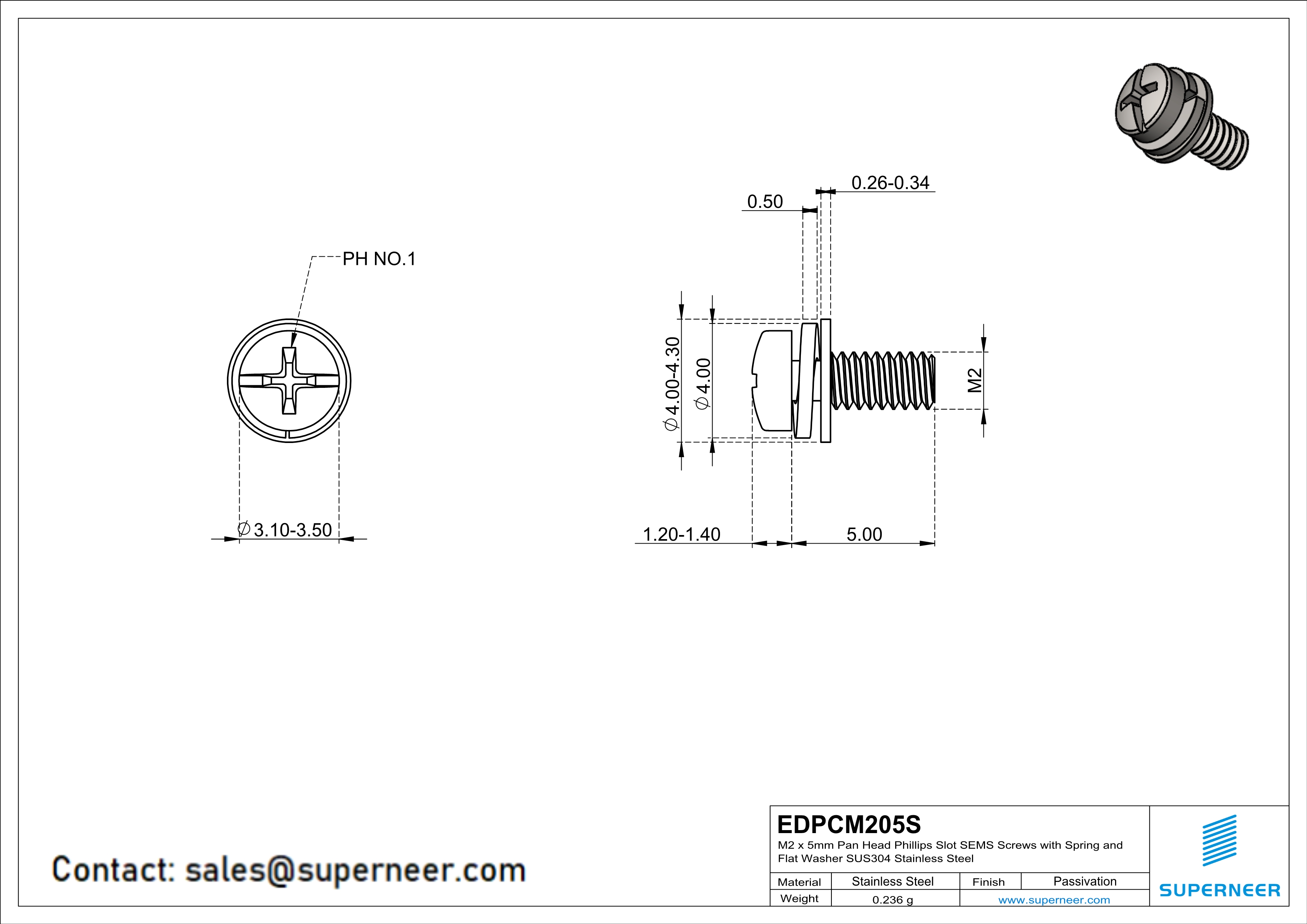 M2 x 5mm Pan Head Phillips Slot SEMS Screws with Spring and Flat Washer SUS304 Stainless Steel Inox