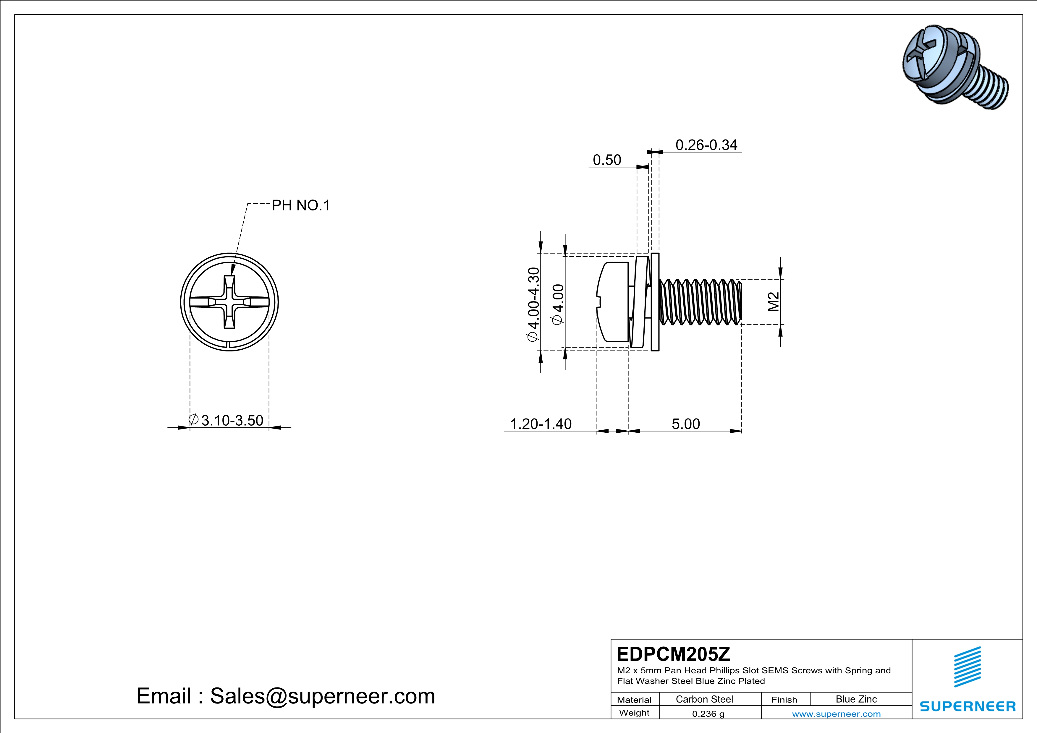 M2 x 5mm Pan Head Phillips Slot SEMS Screws with Spring and Flat Washer Steel Blue Zinc Plated