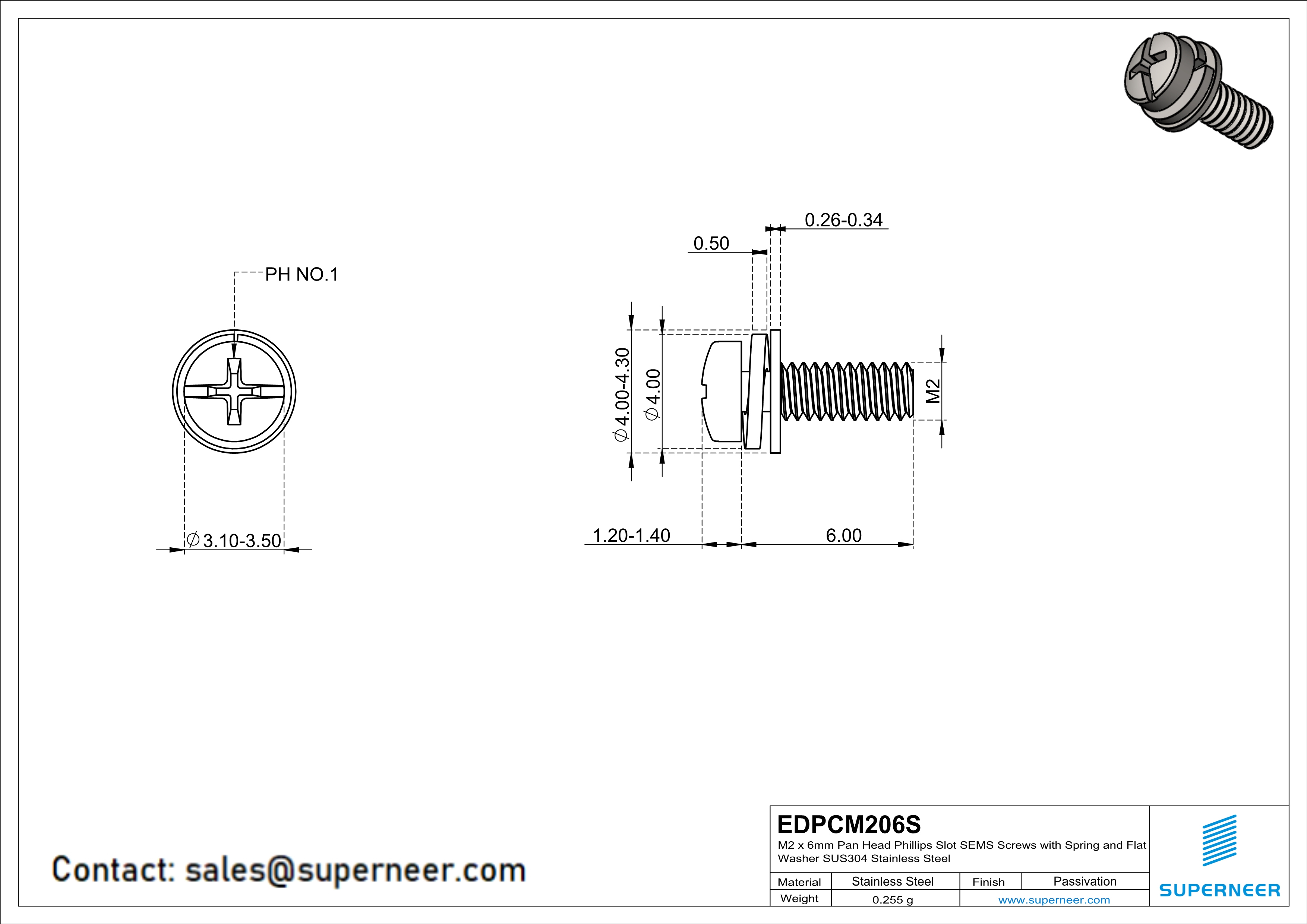 M2 x 6mm Pan Head Phillips Slot SEMS Screws with Spring and Flat Washer SUS304 Stainless Steel Inox