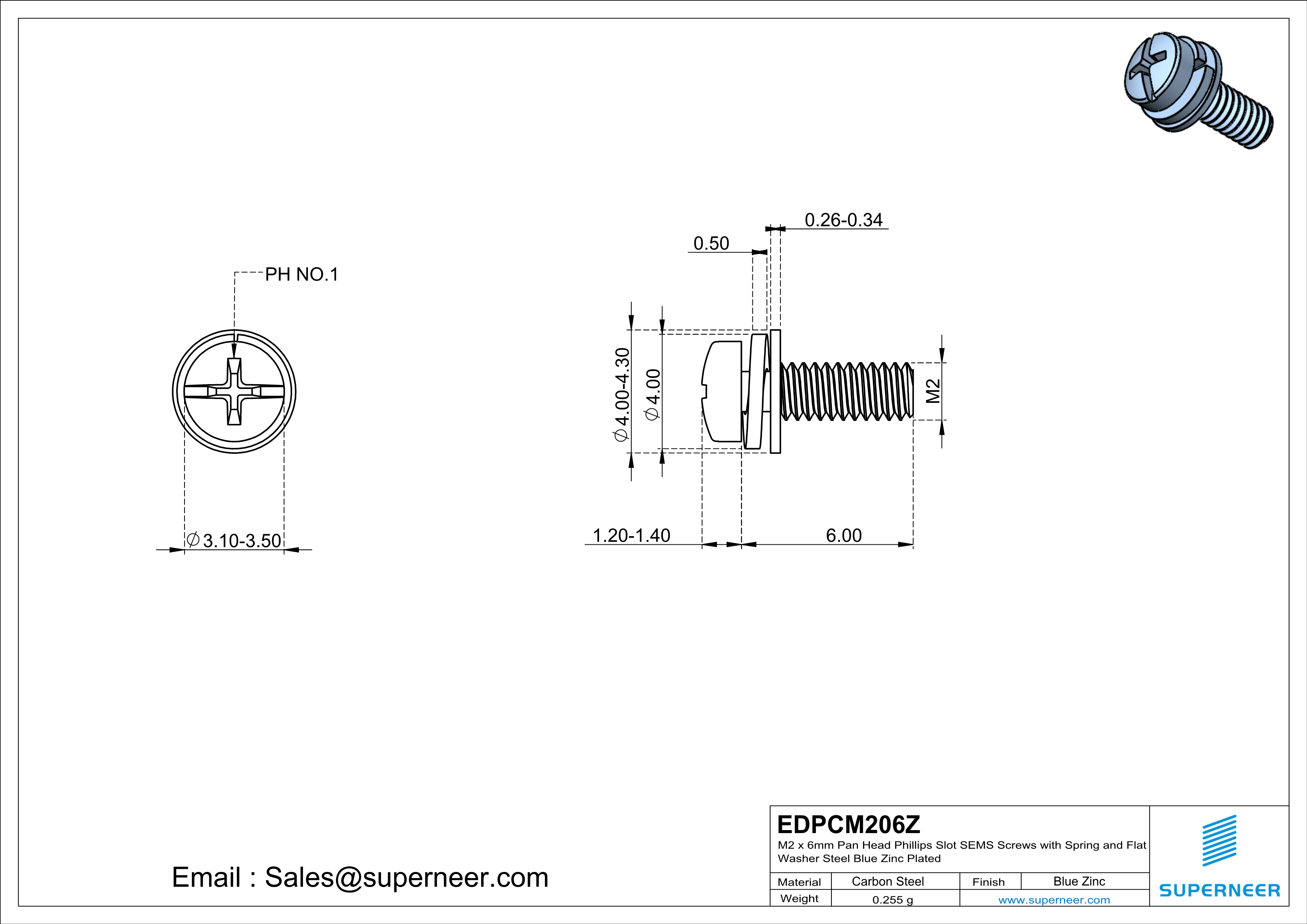 M2 x 6mm Pan Head Phillips Slot SEMS Screws with Spring and Flat Washer Steel Blue Zinc Plated