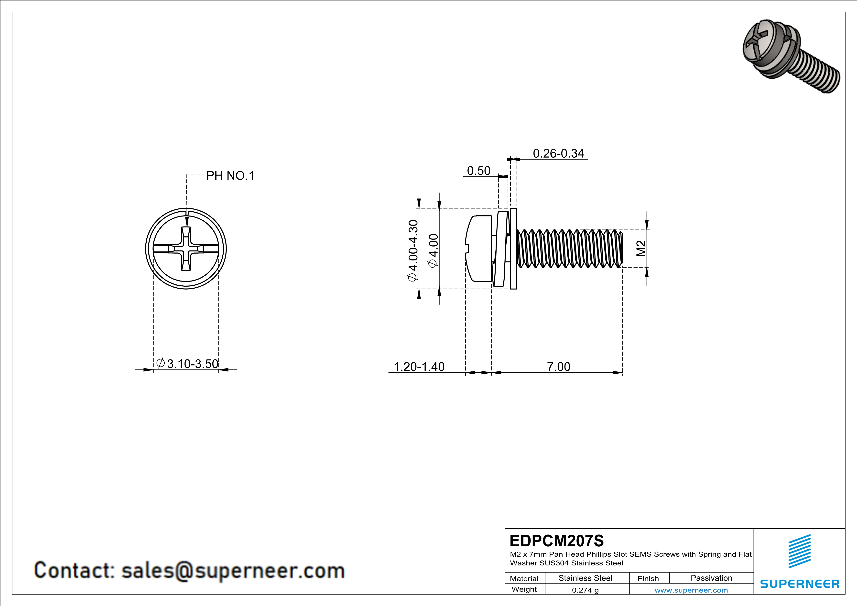 M2 x 7mm Pan Head Phillips Slot SEMS Screws with Spring and Flat Washer SUS304 Stainless Steel Inox