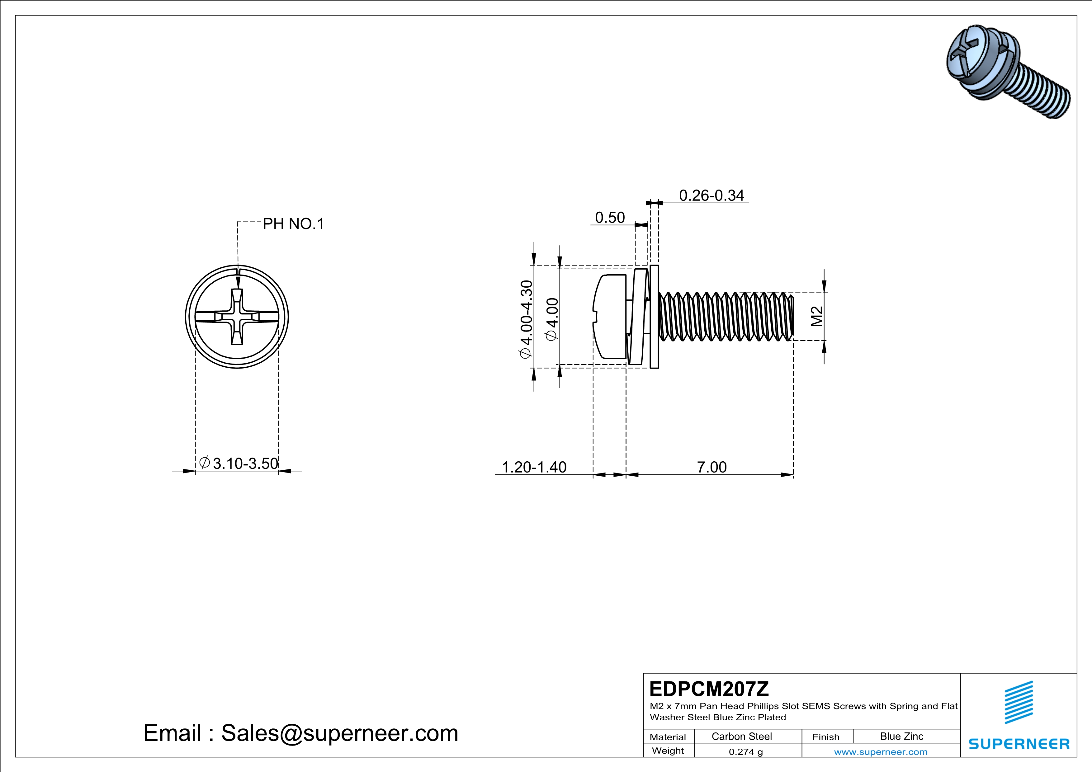 M2 x 7mm Pan Head Phillips Slot SEMS Screws with Spring and Flat Washer Steel Blue Zinc Plated