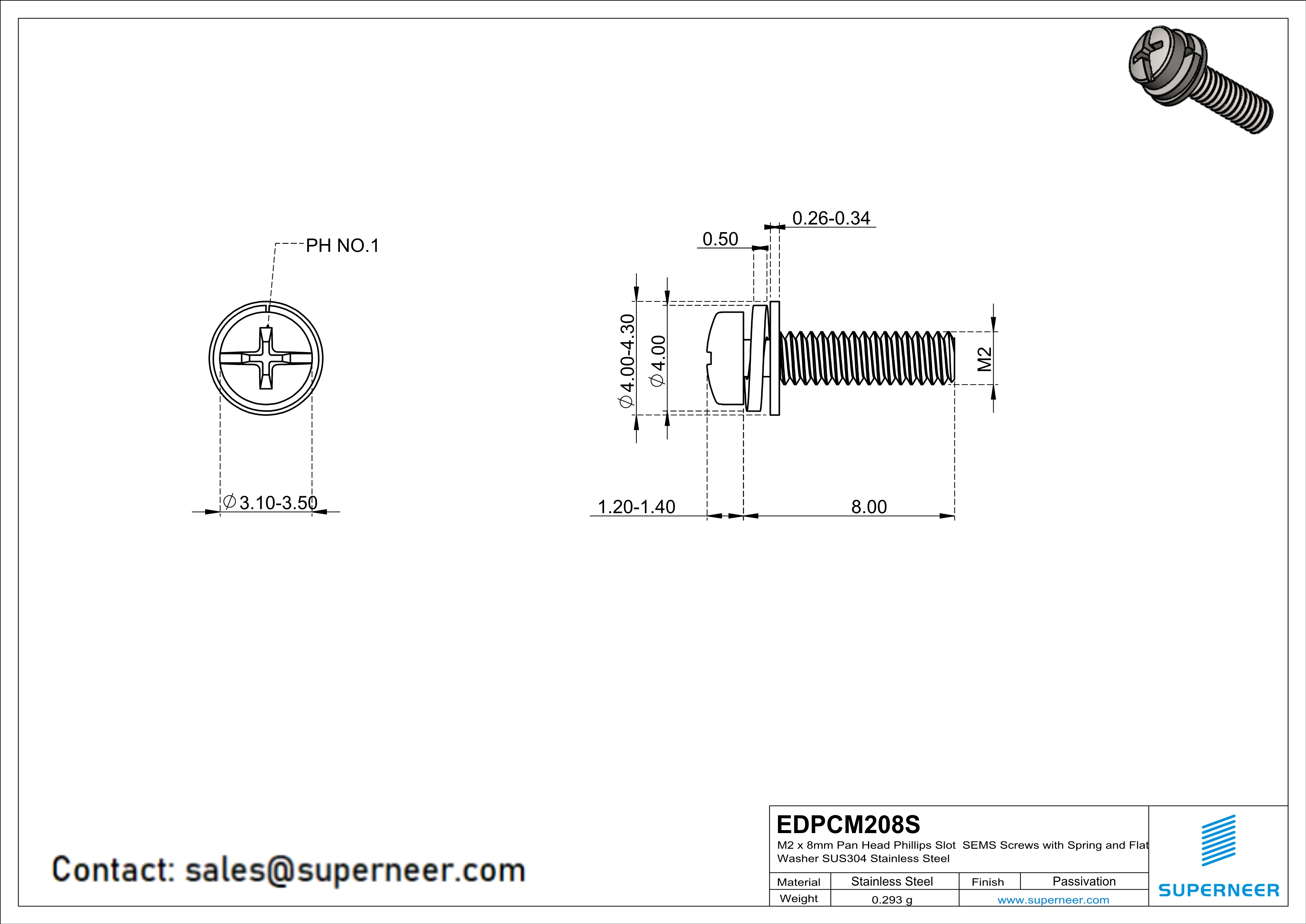 M2 x 8mm Pan Head Phillips Slot SEMS Screws with Spring and Flat Washer SUS304 Stainless Steel Inox