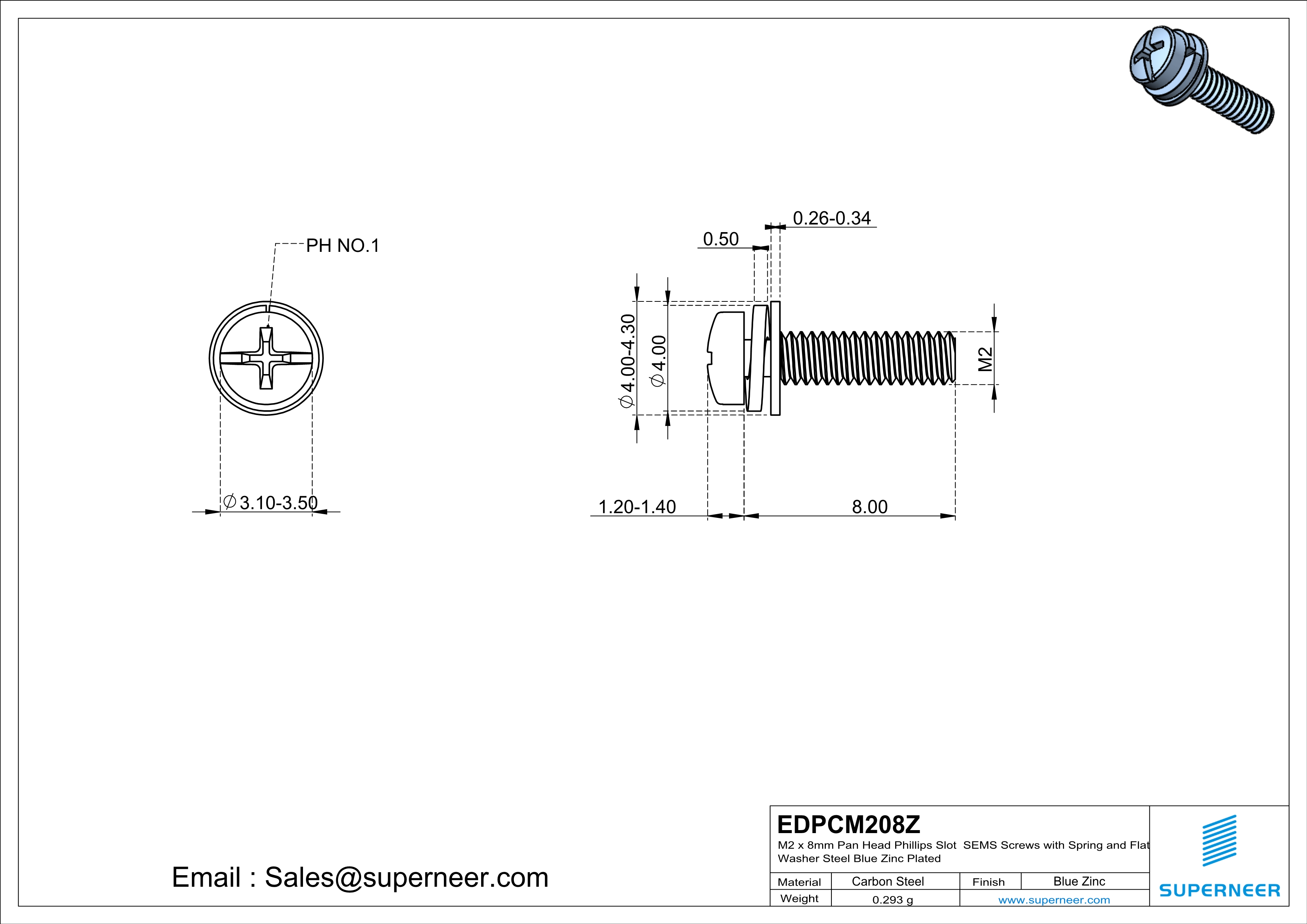 M2 x 8mm Pan Head Phillips Slot SEMS Screws with Spring and Flat Washer Steel Blue Zinc Plated