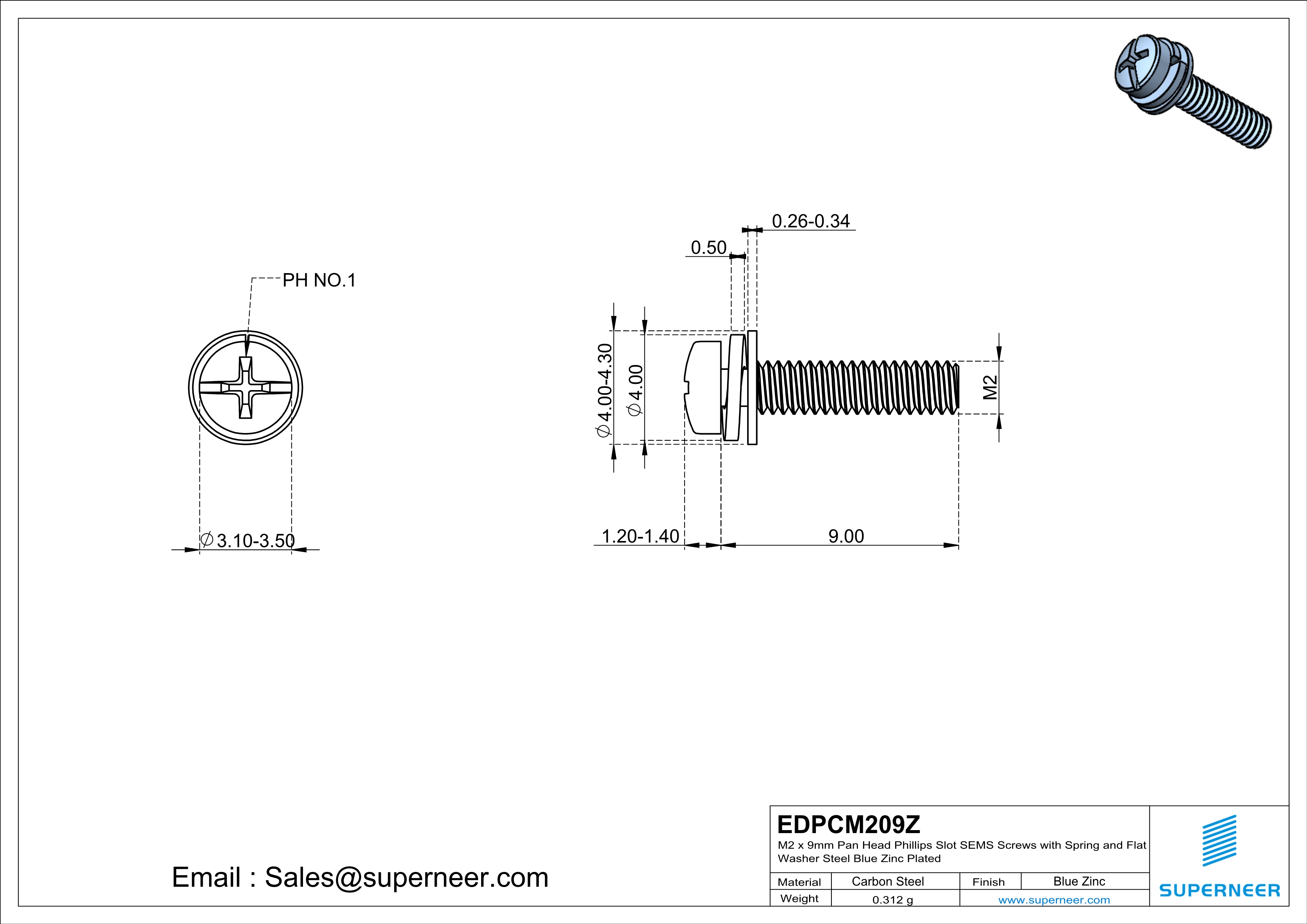 M2 x 9mm Pan Head Phillips Slot SEMS Screws with Spring and Flat Washer Steel Blue Zinc Plated