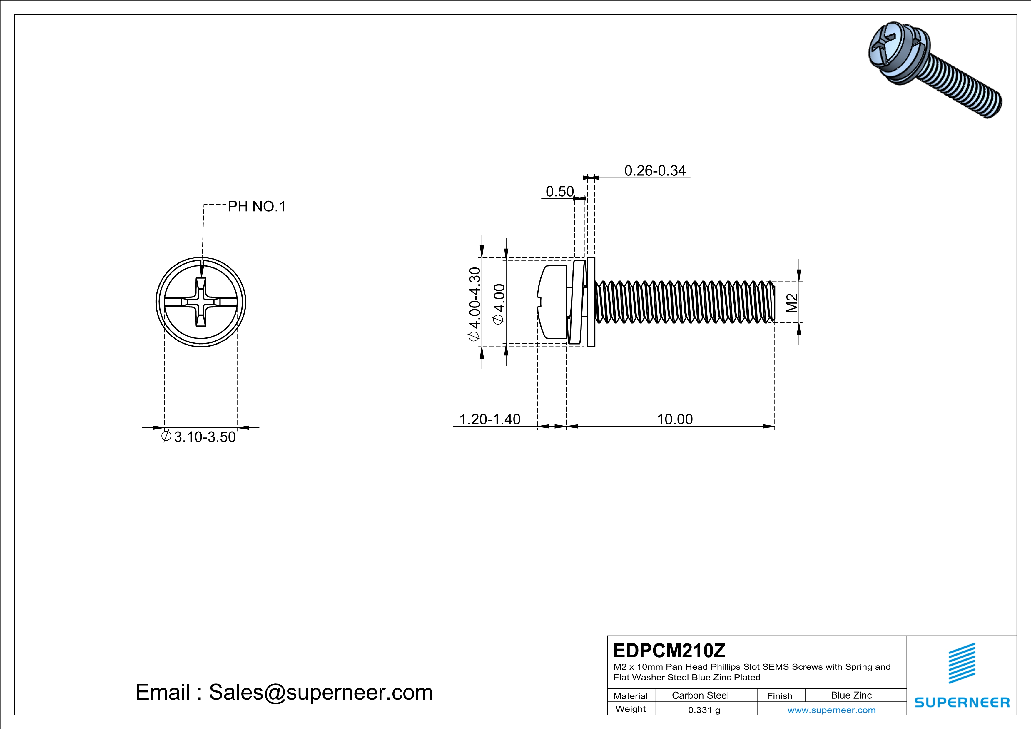 M2 x 10mm Pan Head Phillips Slot SEMS Screws with Spring and Flat Washer Steel Blue Zinc Plated