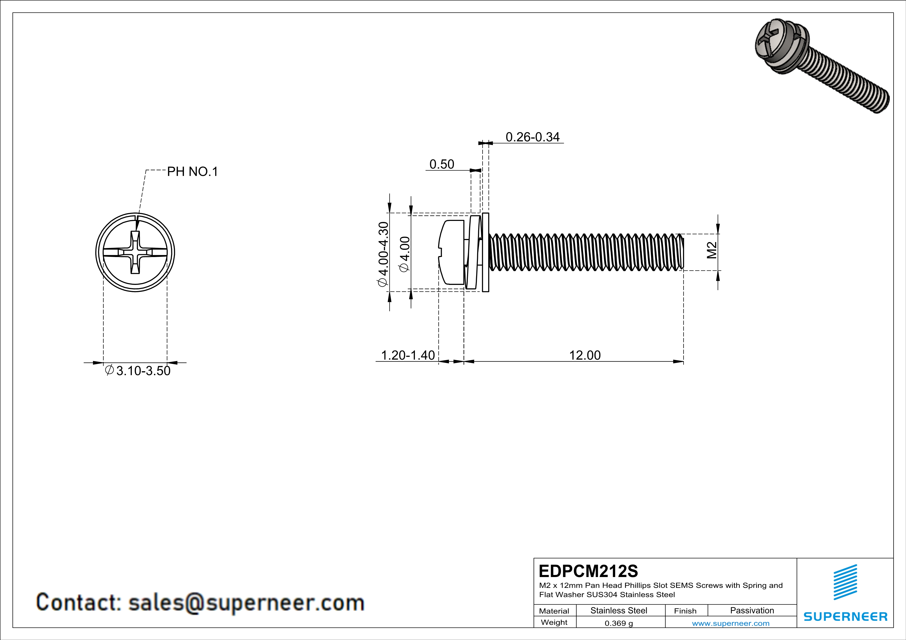 M2 x 12mm Pan Head Phillips Slot SEMS Screws with Spring and Flat Washer SUS304 Stainless Steel Inox