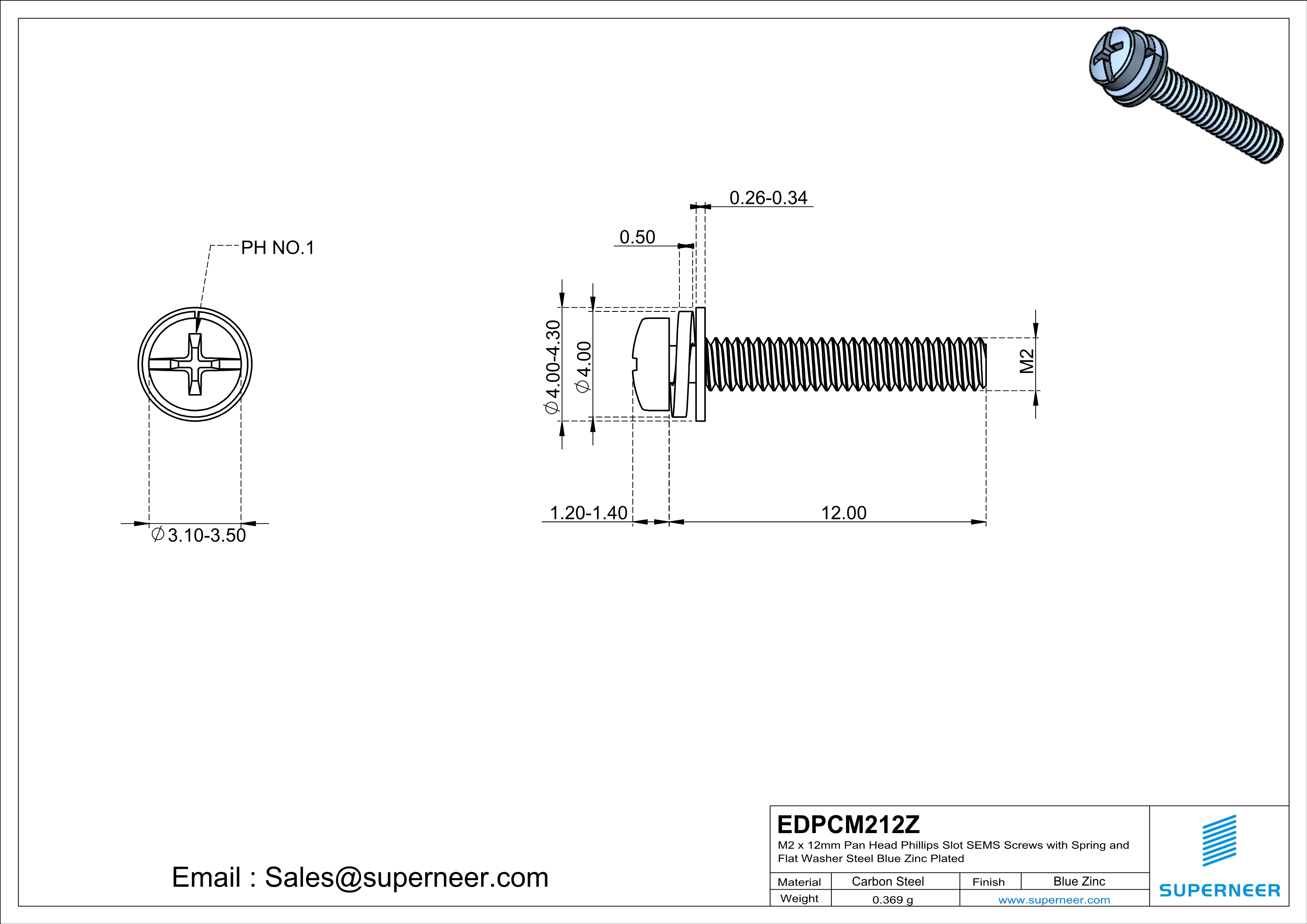 M2 x 12mm Pan Head Phillips Slot SEMS Screws with Spring and Flat Washer Steel Blue Zinc Plated