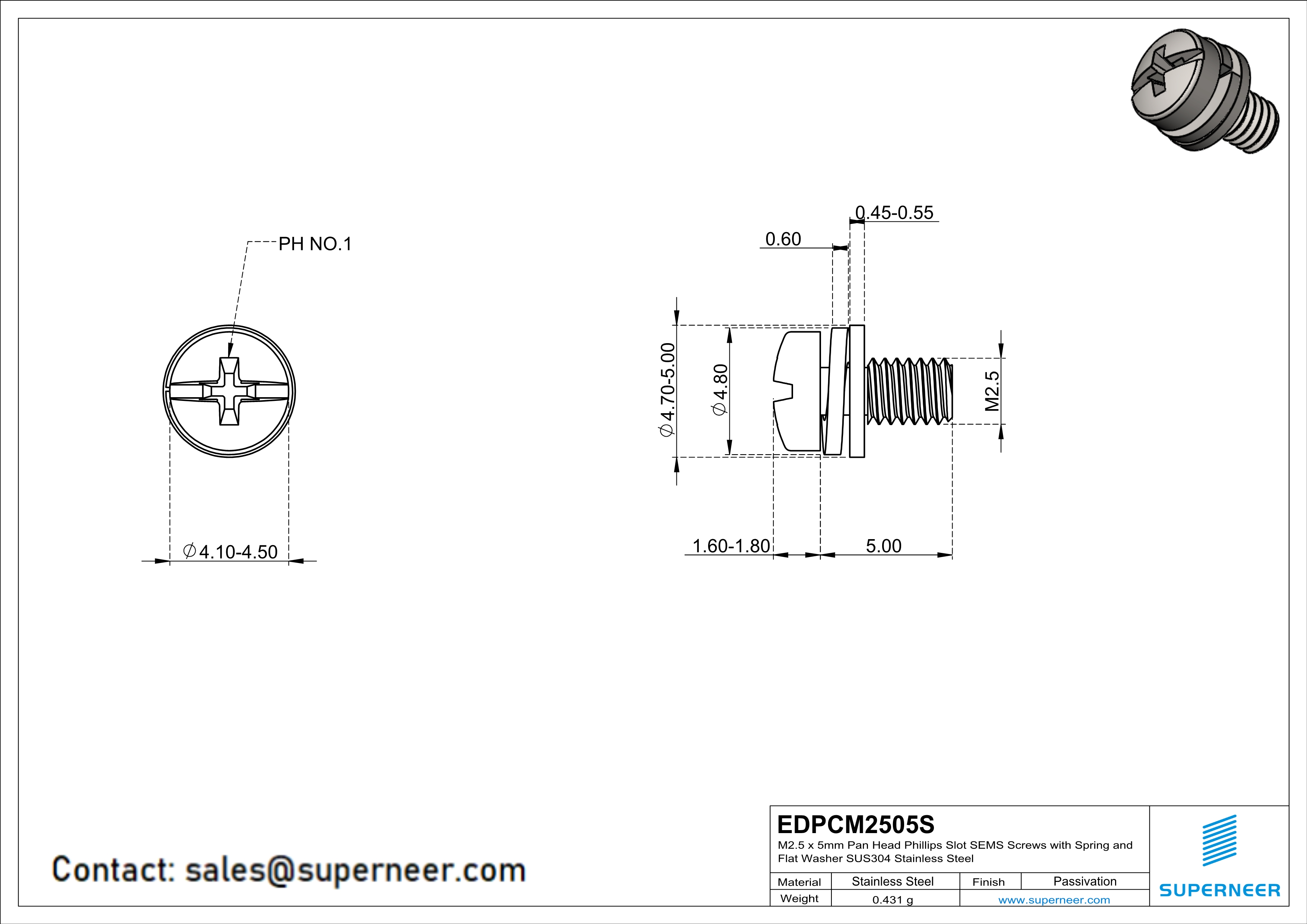 M2.5 x 5mm Pan Head Phillips Slot SEMS Screws with Spring and Flat Washer SUS304 Stainless Steel Inox