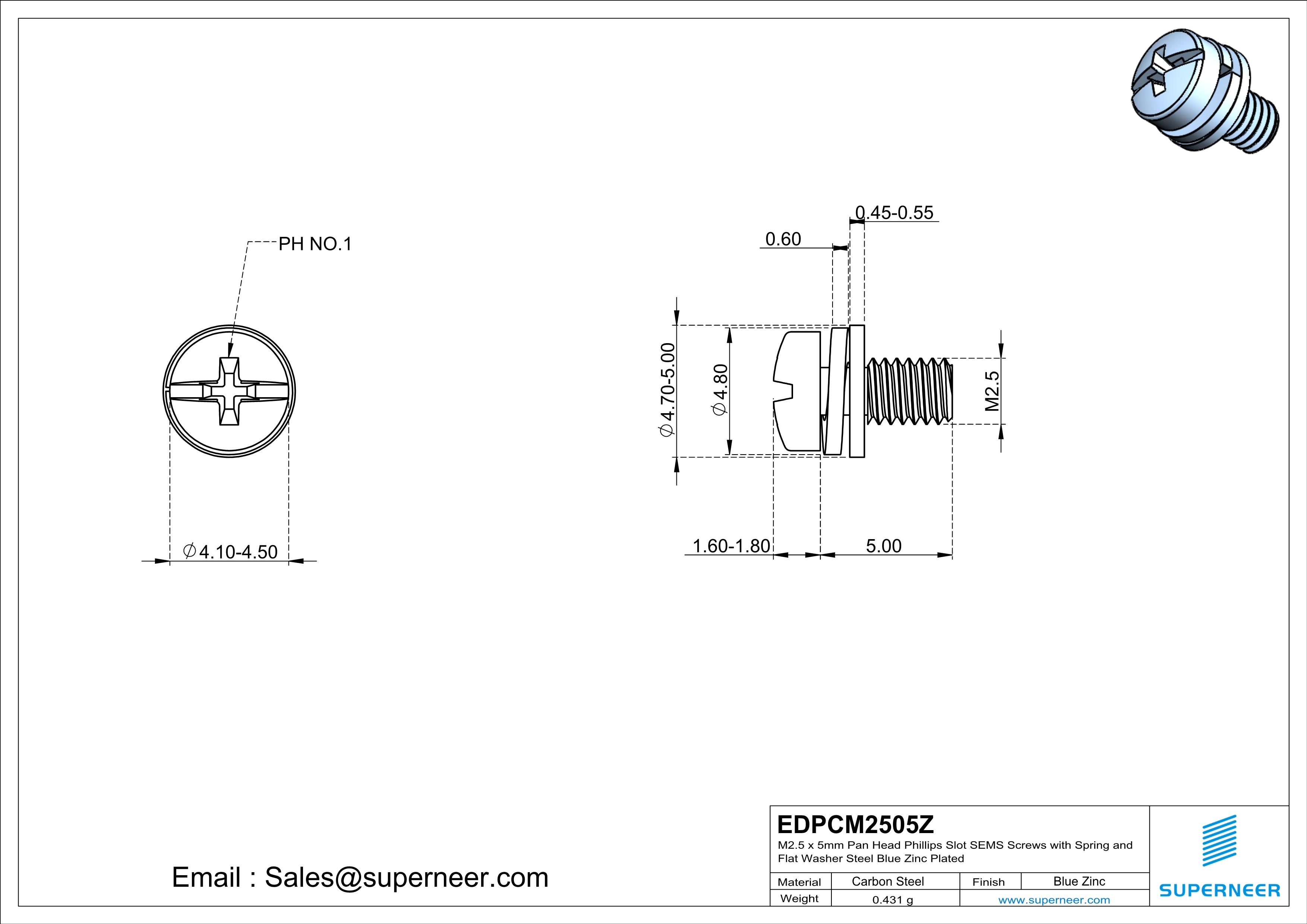 M2.5 x 5mm Pan Head Phillips Slot SEMS Screws with Spring and Flat Washer Steel Blue Zinc Plated