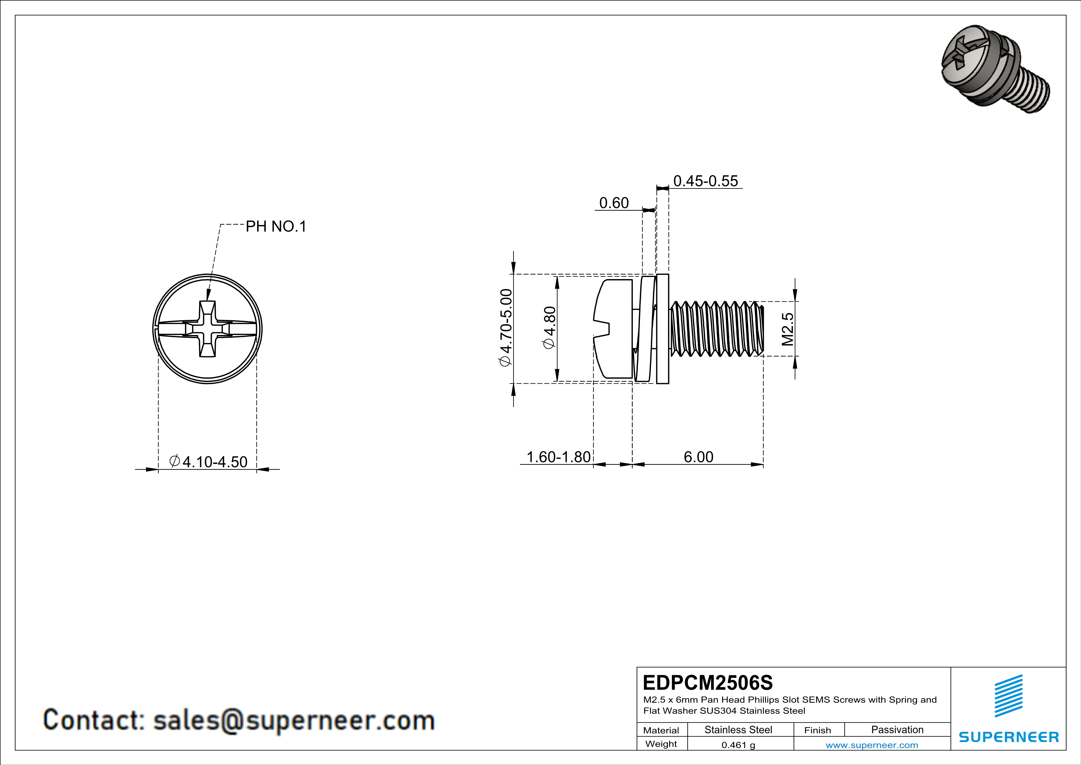 M2.5 x 6mm Pan Head Phillips Slot SEMS Screws with Spring and Flat Washer SUS304 Stainless Steel Inox