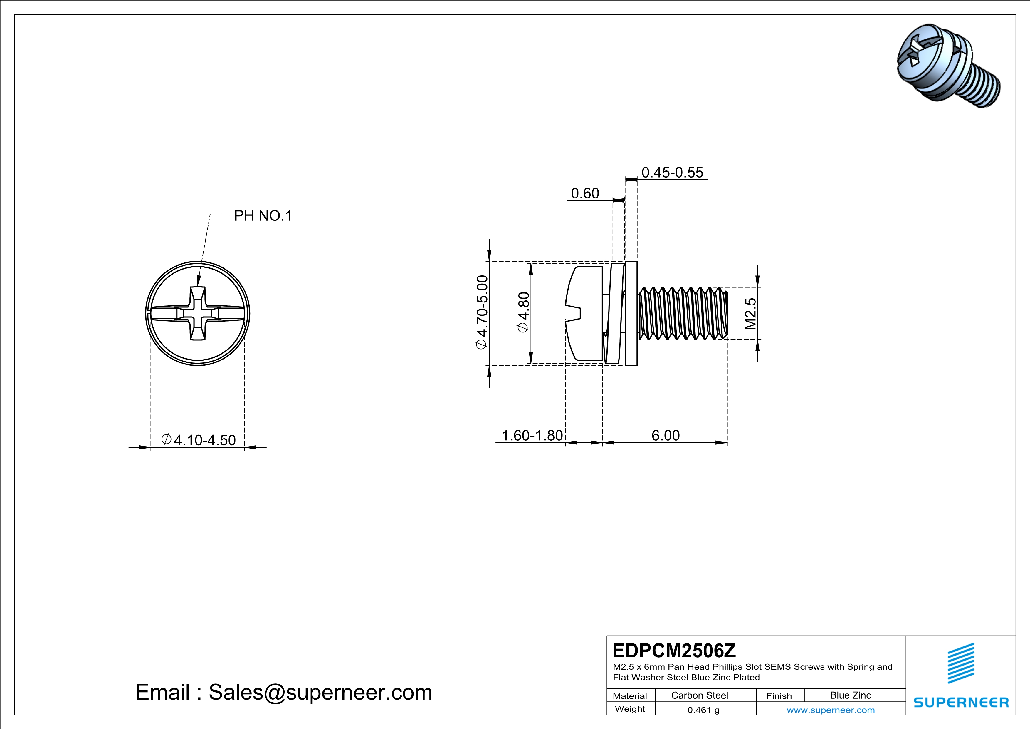 M2.5 x 6mm Pan Head Phillips Slot SEMS Screws with Spring and Flat Washer Steel Blue Zinc Plated