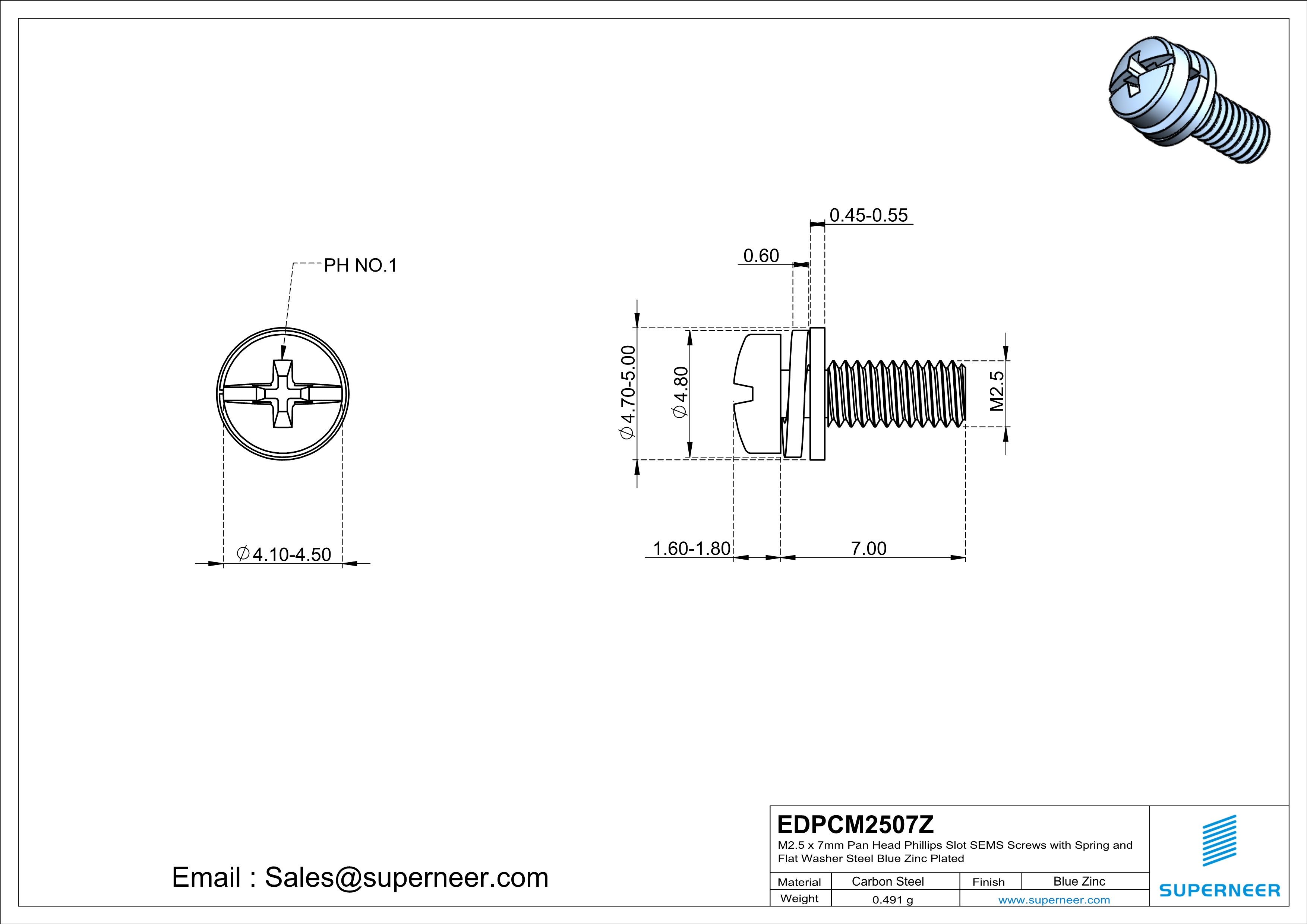 M2.5 x 7mm Pan Head Phillips Slot SEMS Screws with Spring and Flat Washer Steel Blue Zinc Plated