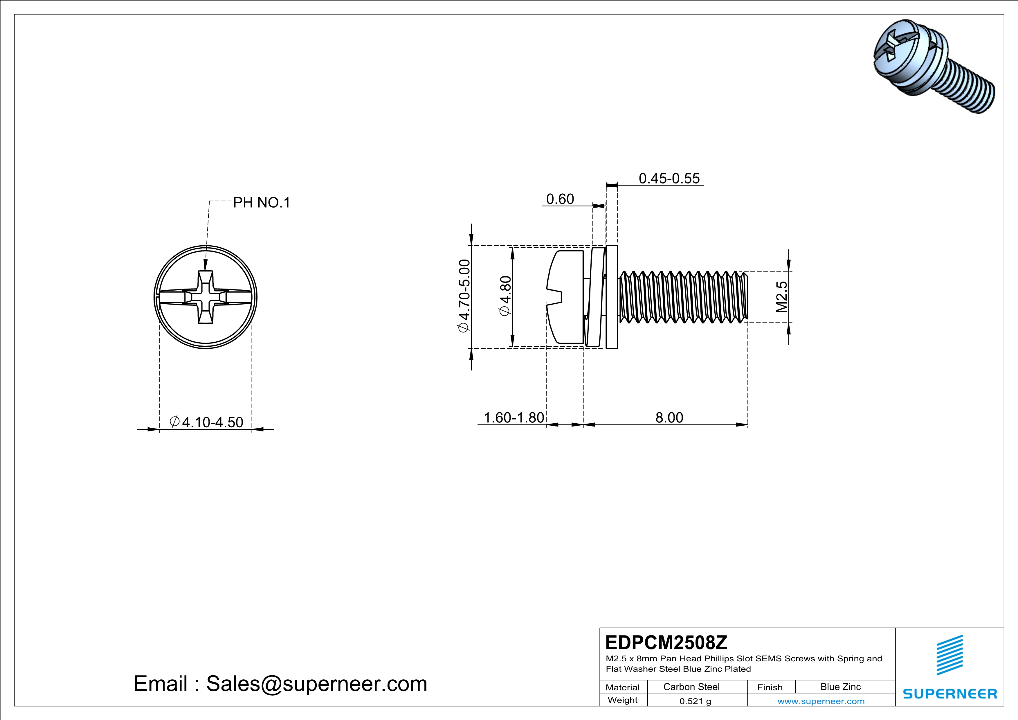 M2.5 x 8mm Pan Head Phillips Slot SEMS Screws with Spring and Flat Washer Steel Blue Zinc Plated