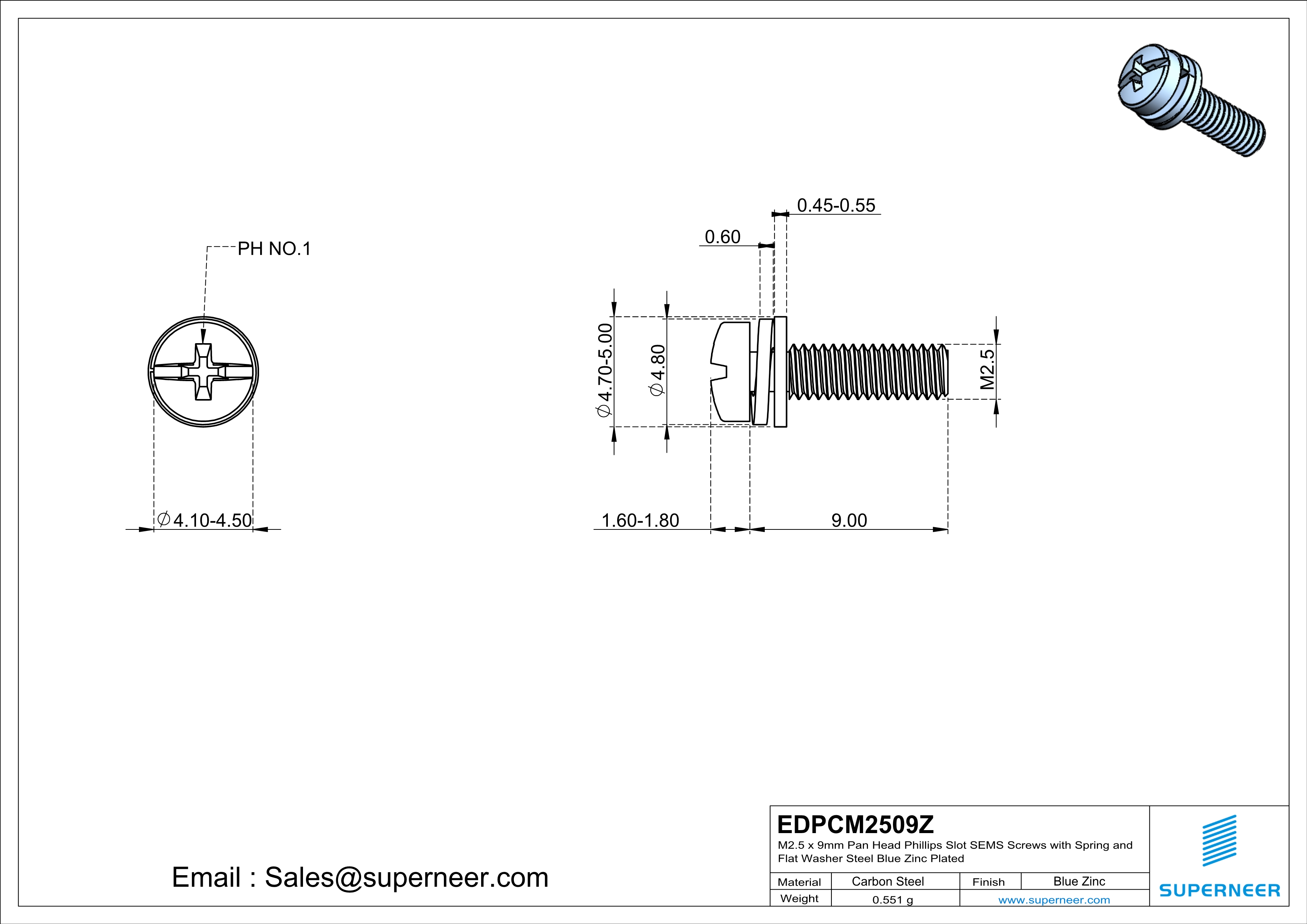 M2.5 x 9mm Pan Head Phillips Slot SEMS Screws with Spring and Flat Washer Steel Blue Zinc Plated