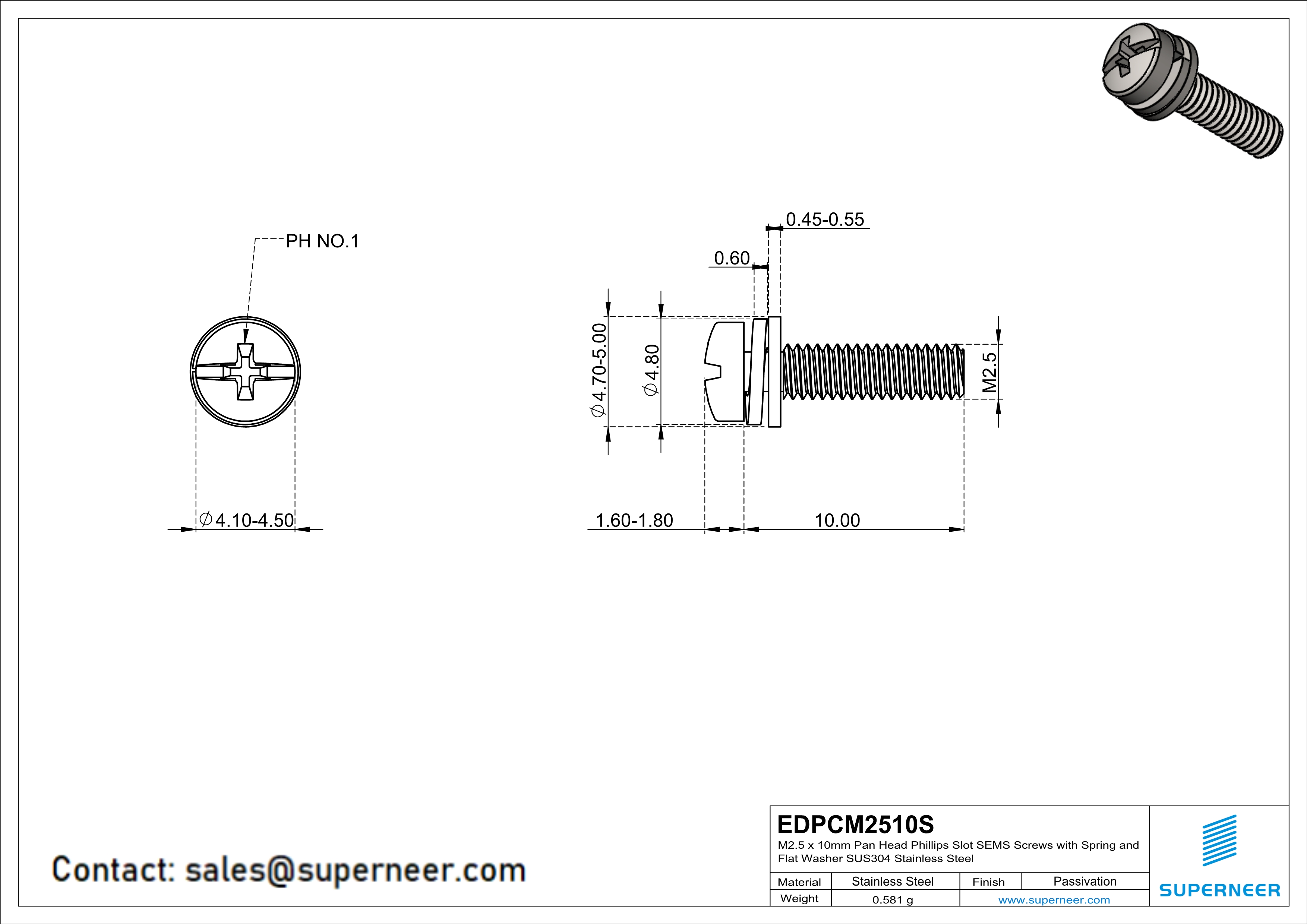 M2.5 x 10mm Pan Head Phillips Slot SEMS Screws with Spring and Flat Washer SUS304 Stainless Steel Inox