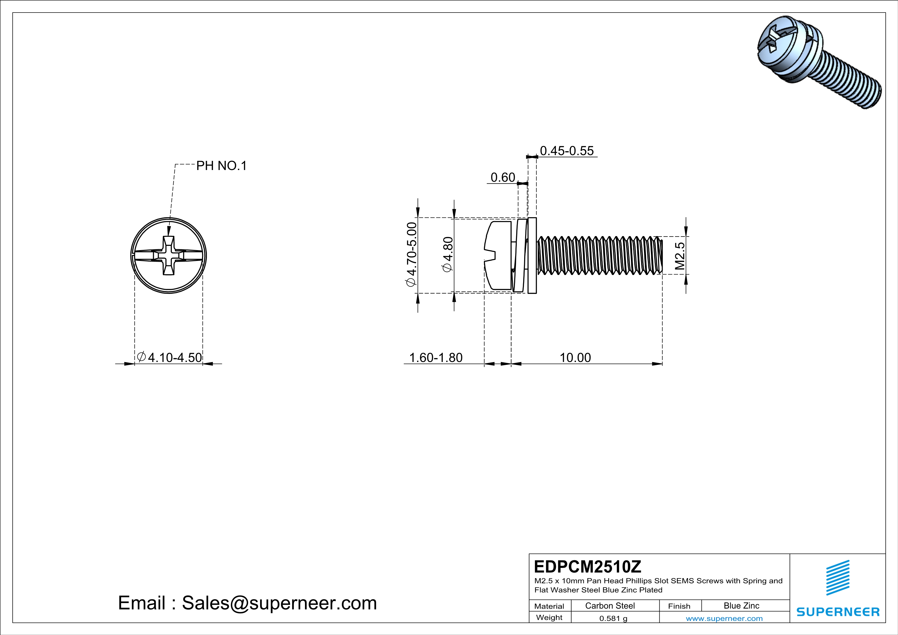 M2.5 x 10mm Pan Head Phillips Slot SEMS Screws with Spring and Flat Washer Steel Blue Zinc Plated