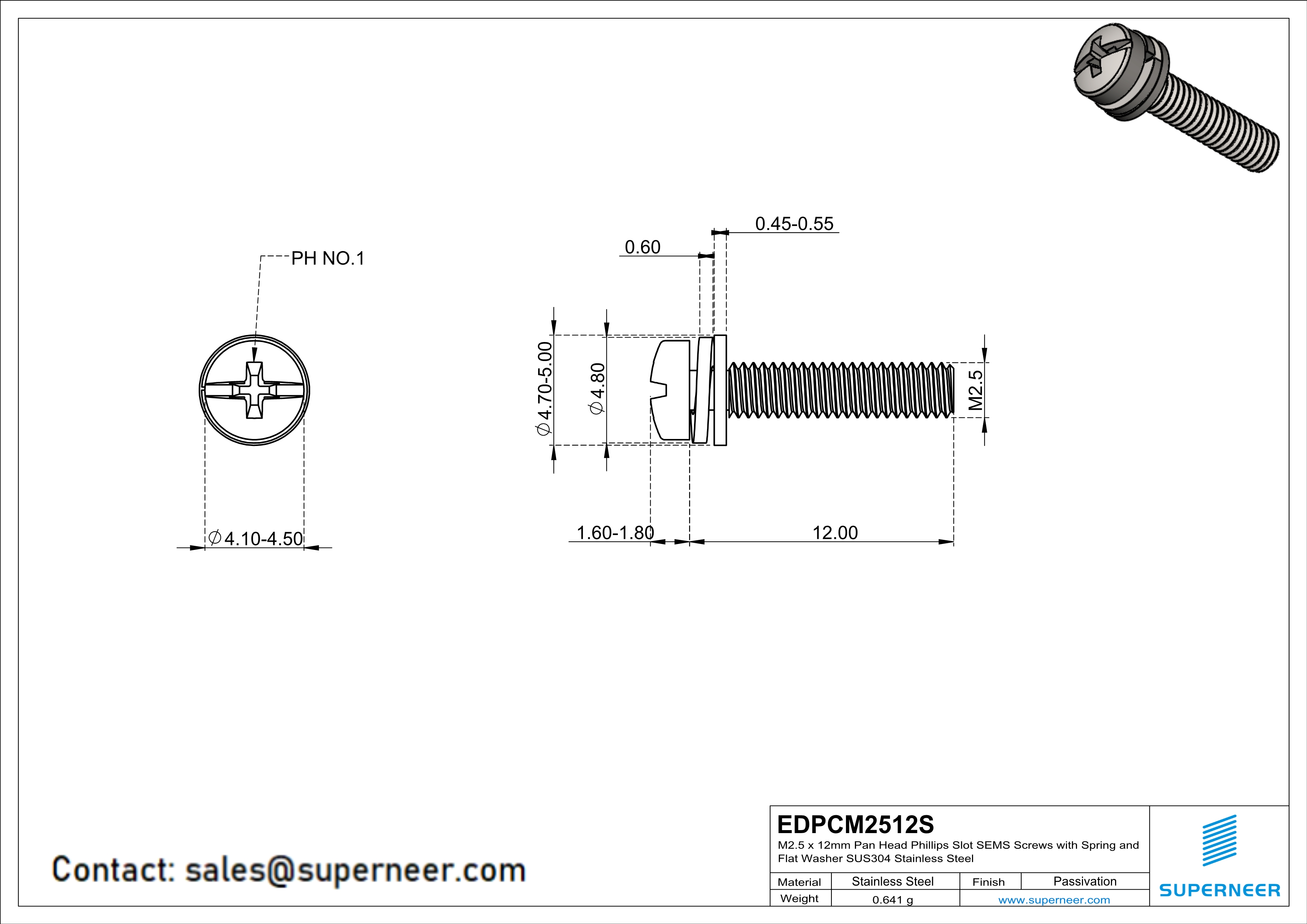 M2.5 x 12mm Pan Head Phillips Slot SEMS Screws with Spring and Flat Washer SUS304 Stainless Steel Inox