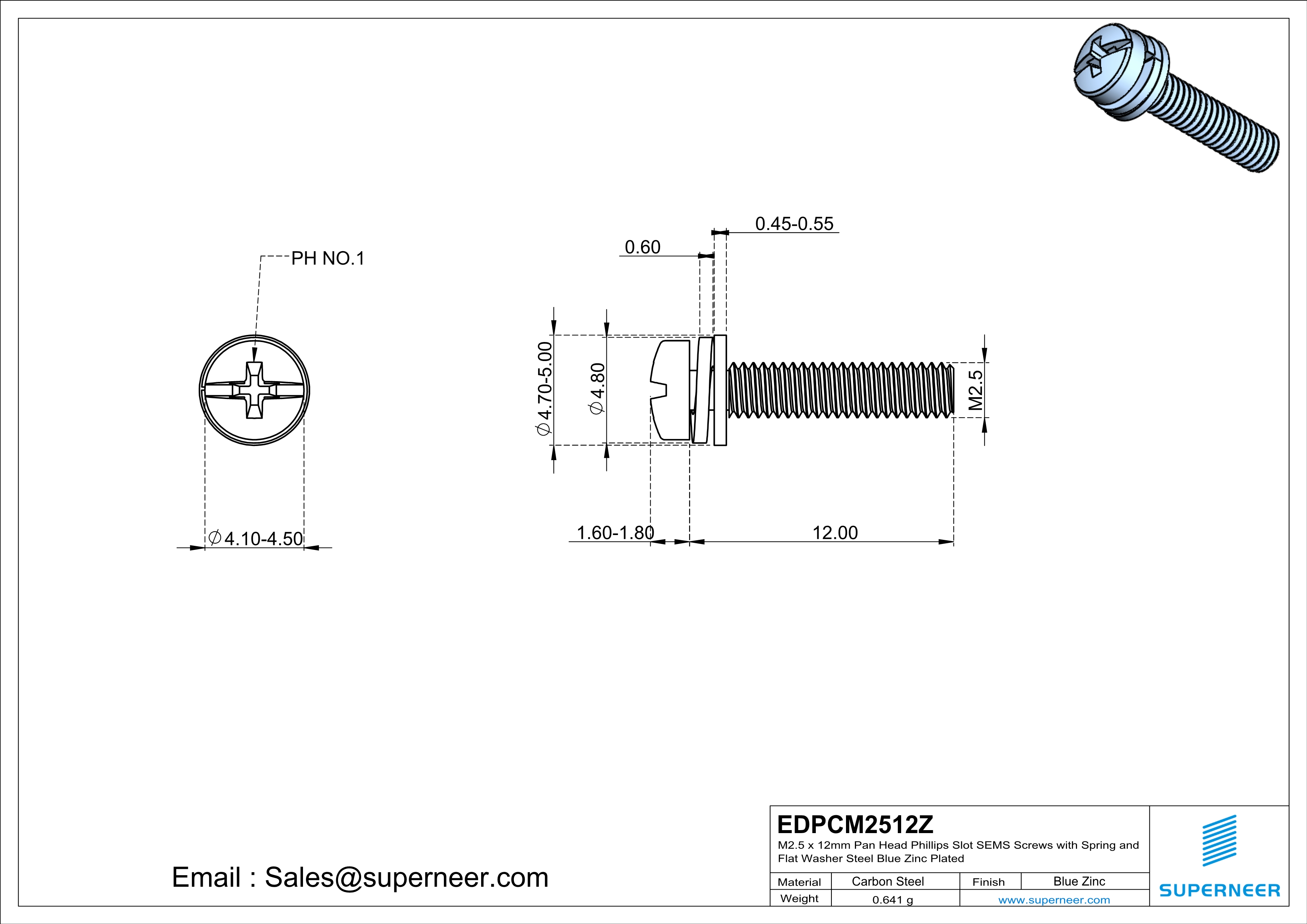 M2.5 x 12mm Pan Head Phillips Slot SEMS Screws with Spring and Flat Washer Steel Blue Zinc Plated