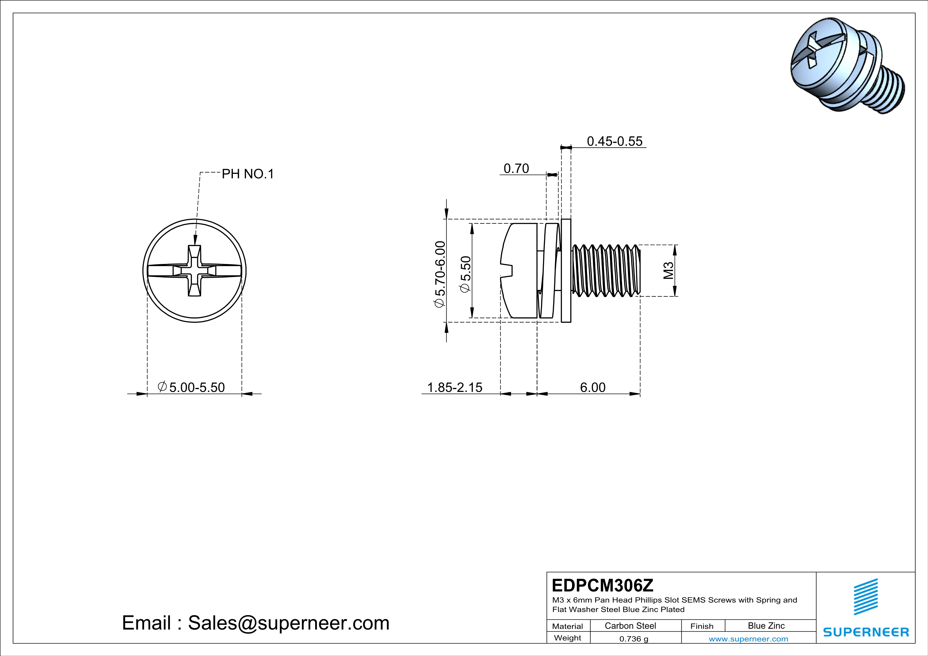 M3 x 6mm Pan Head Phillips Slot SEMS Screws with Spring and Flat Washer Steel Blue Zinc Plated