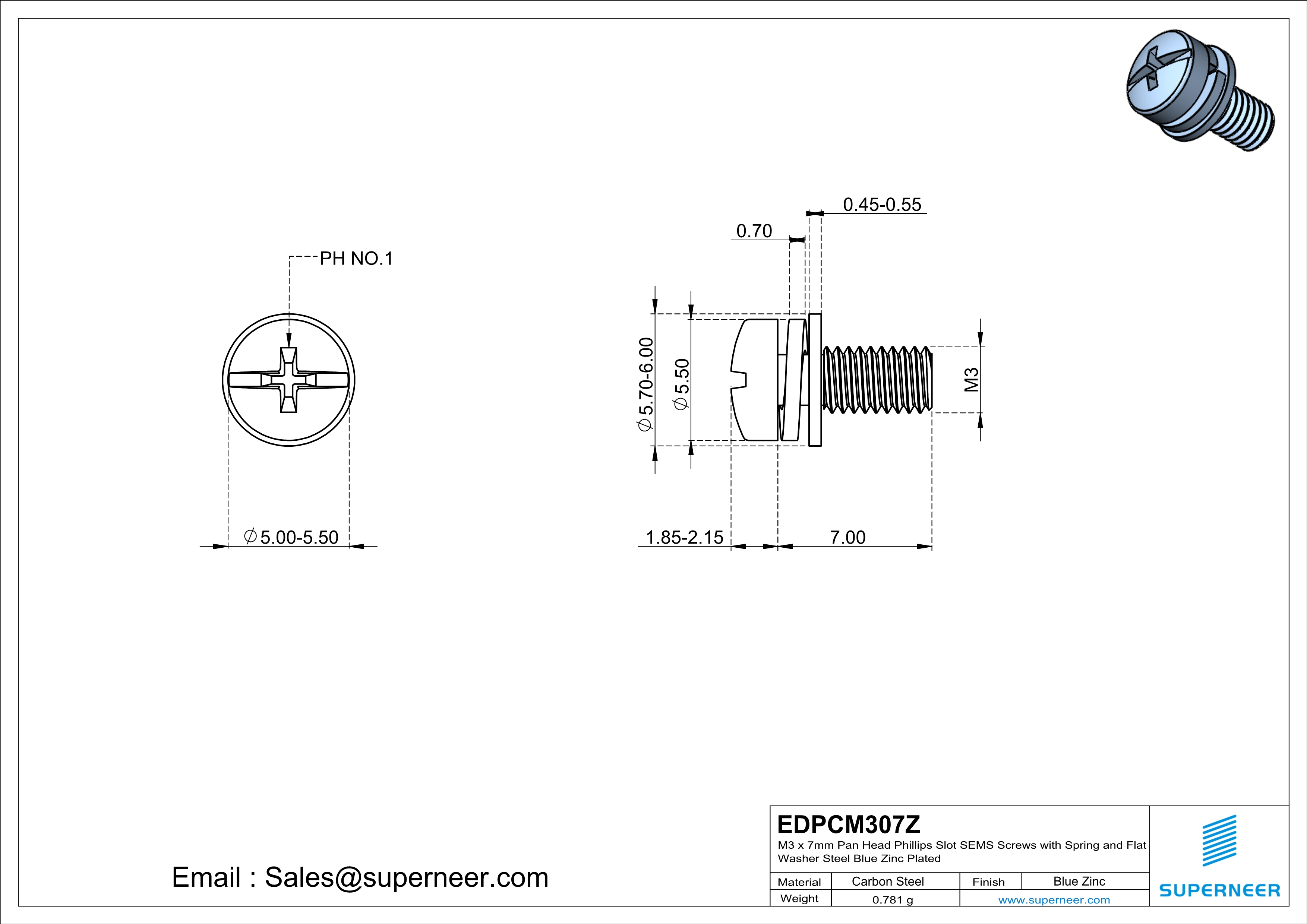 M3 x 7mm Pan Head Phillips Slot SEMS Screws with Spring and Flat Washer Steel Blue Zinc Plated