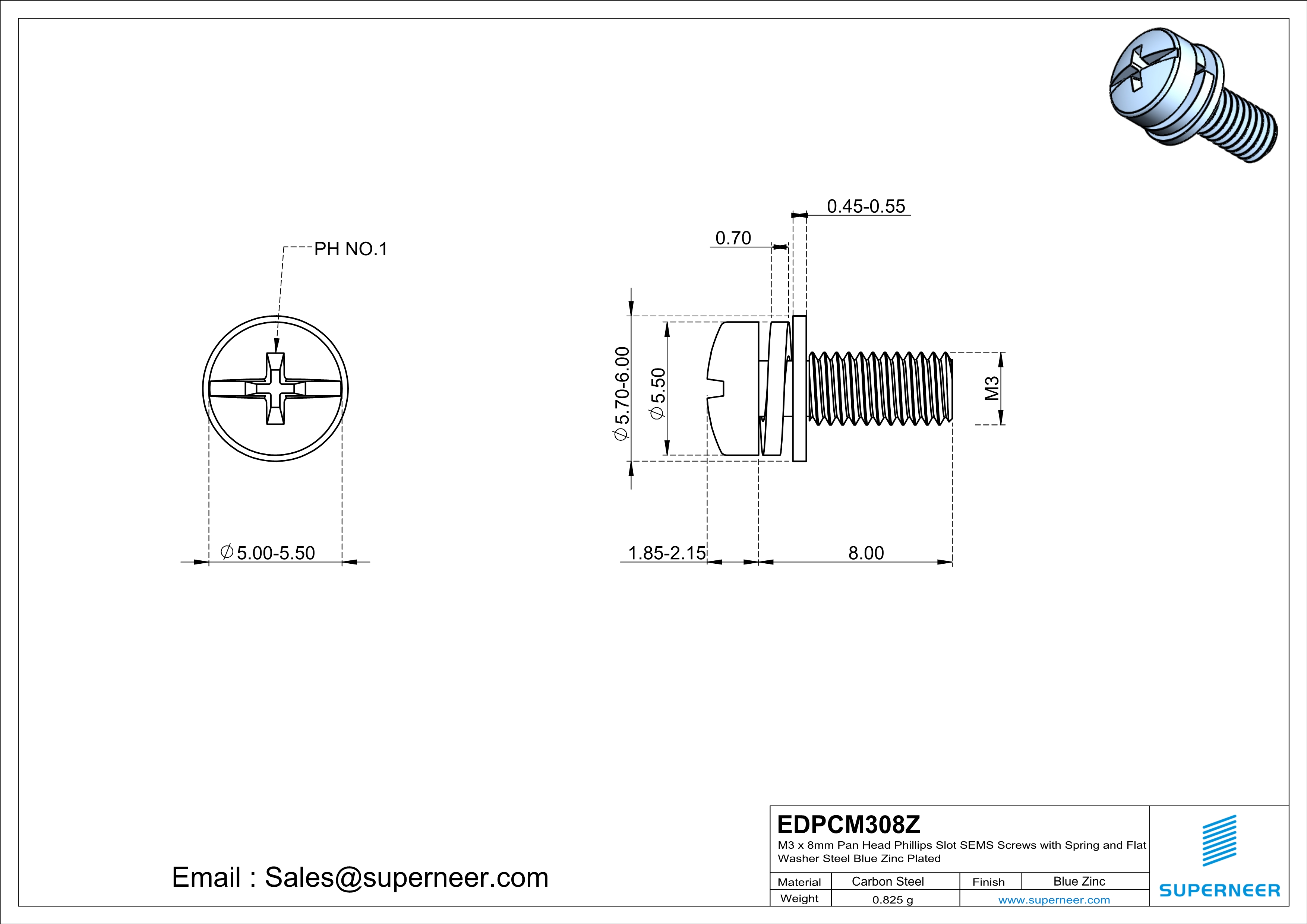 M3 x 8mm Pan Head Phillips Slot SEMS Screws with Spring and Flat Washer Steel Blue Zinc Plated