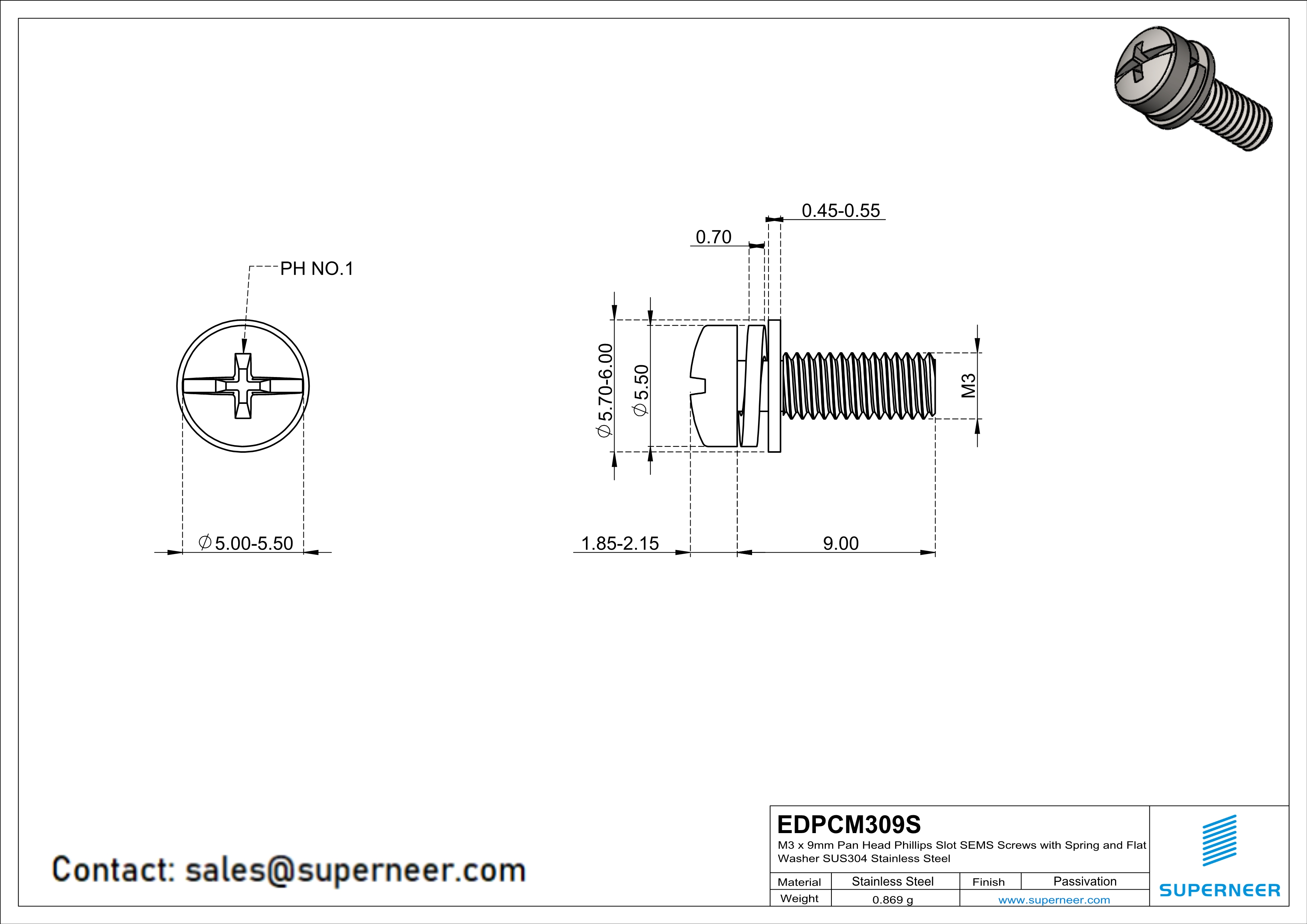 M3 x 9mm Pan Head Phillips Slot SEMS Screws with Spring and Flat Washer SUS304 Stainless Steel Inox