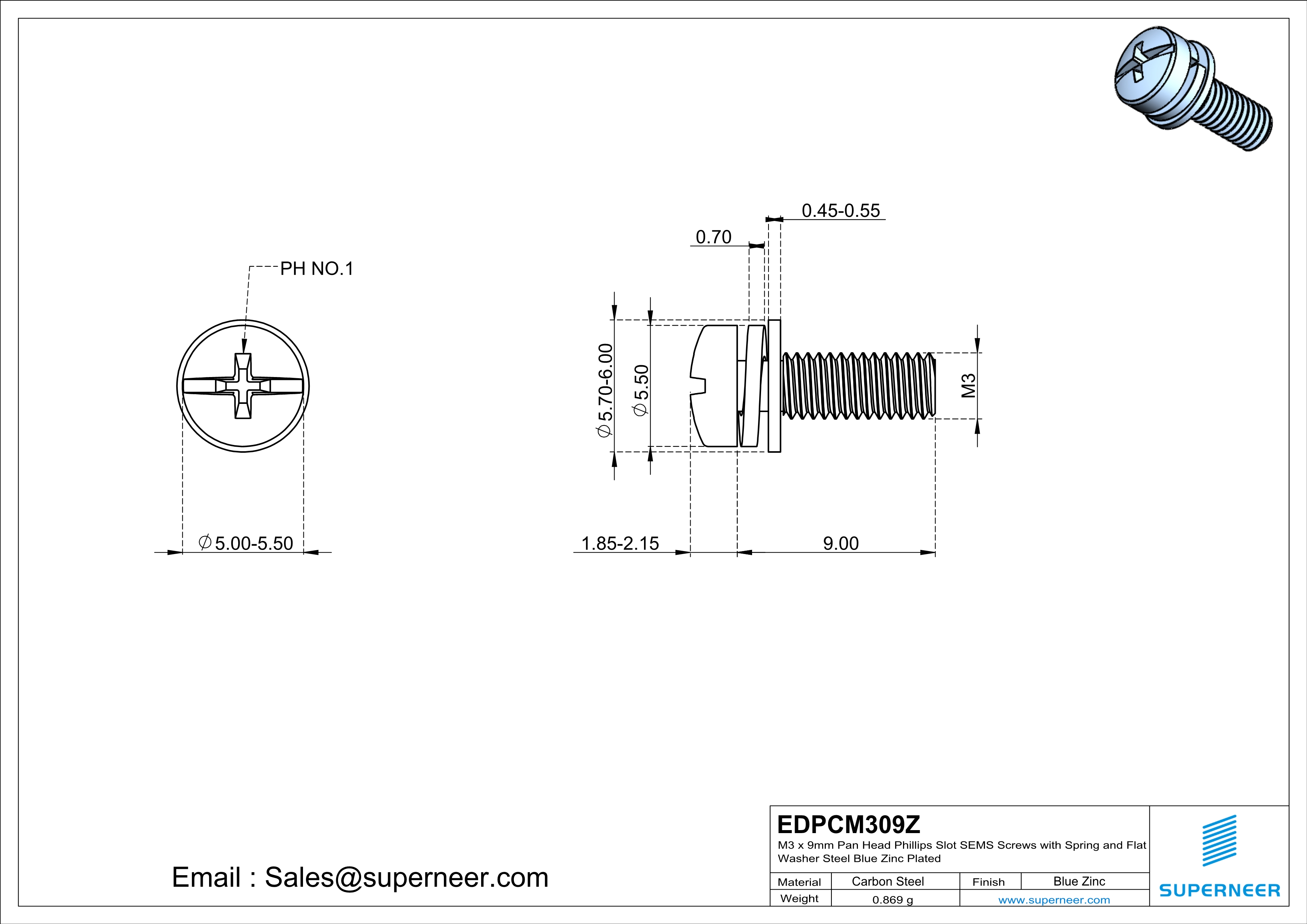 M3 x 9mm Pan Head Phillips Slot SEMS Screws with Spring and Flat Washer Steel Blue Zinc Plated