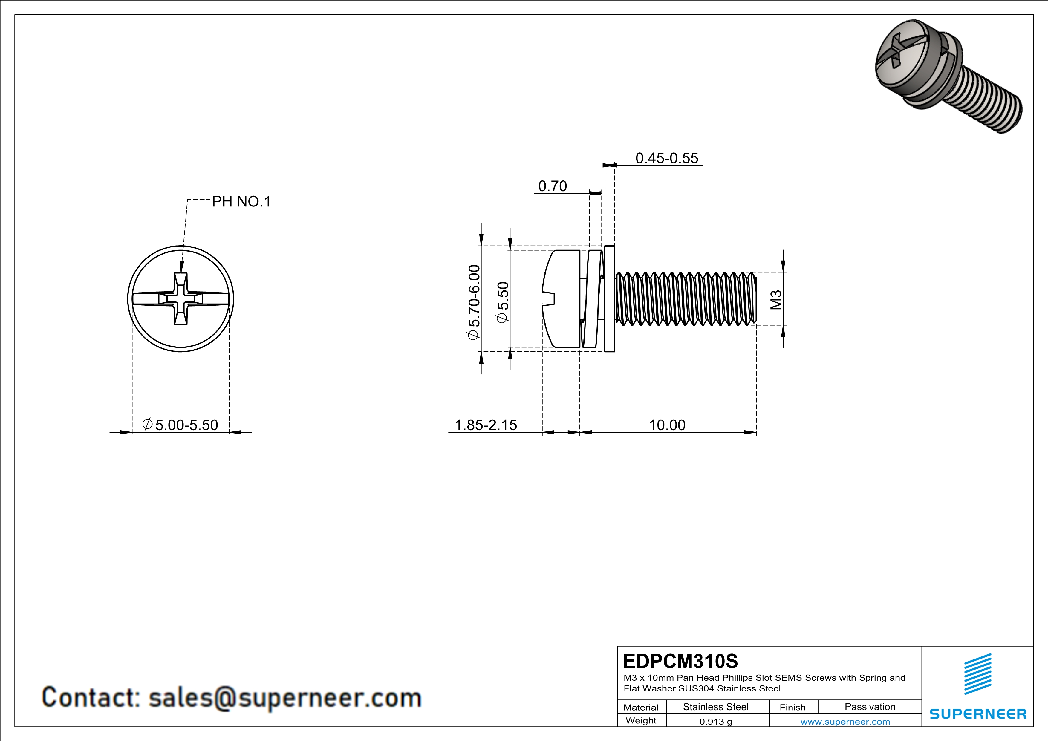 M3 x 10mm Pan Head Phillips Slot SEMS Screws with Spring and Flat Washer SUS304 Stainless Steel Inox