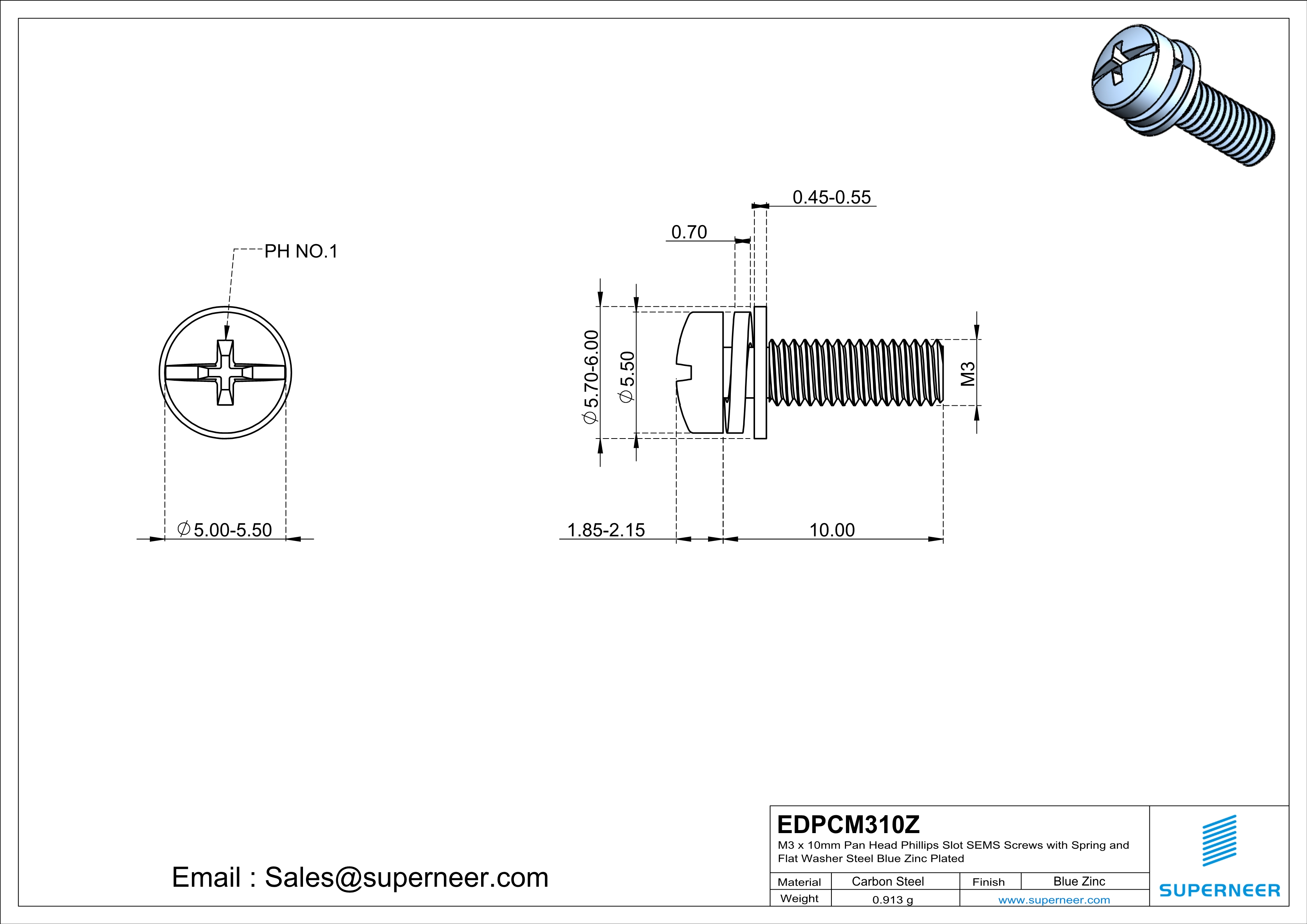 M3 x 10mm Pan Head Phillips Slot SEMS Screws with Spring and Flat Washer Steel Blue Zinc Plated