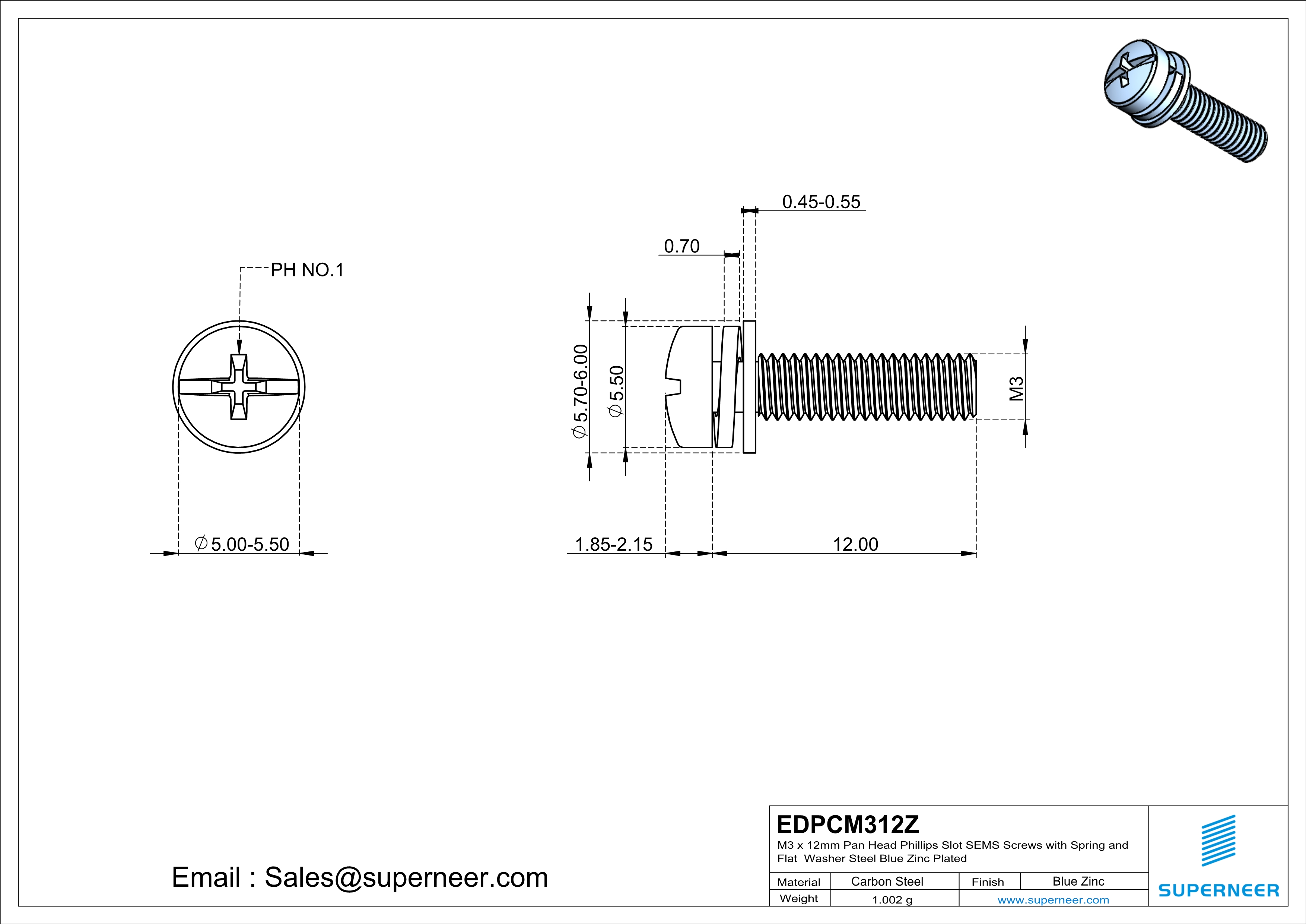 M3 x 12mm Pan Head Phillips Slot SEMS Screws with Spring and Flat Washer Steel Blue Zinc Plated