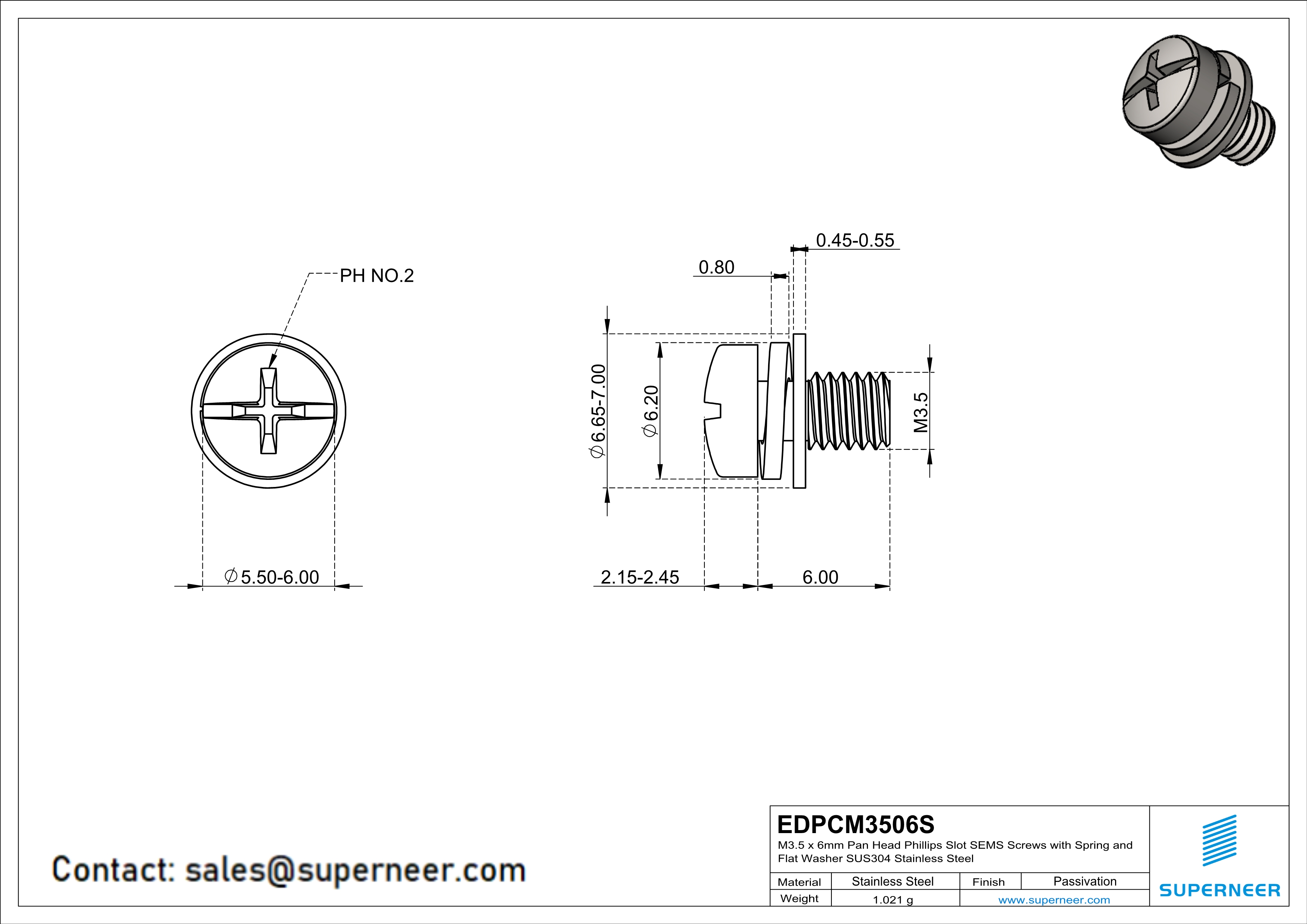 M3.5 x 6mm Pan Head Phillips Slot SEMS Screws with Spring and Flat Washer SUS304 Stainless Steel Inox