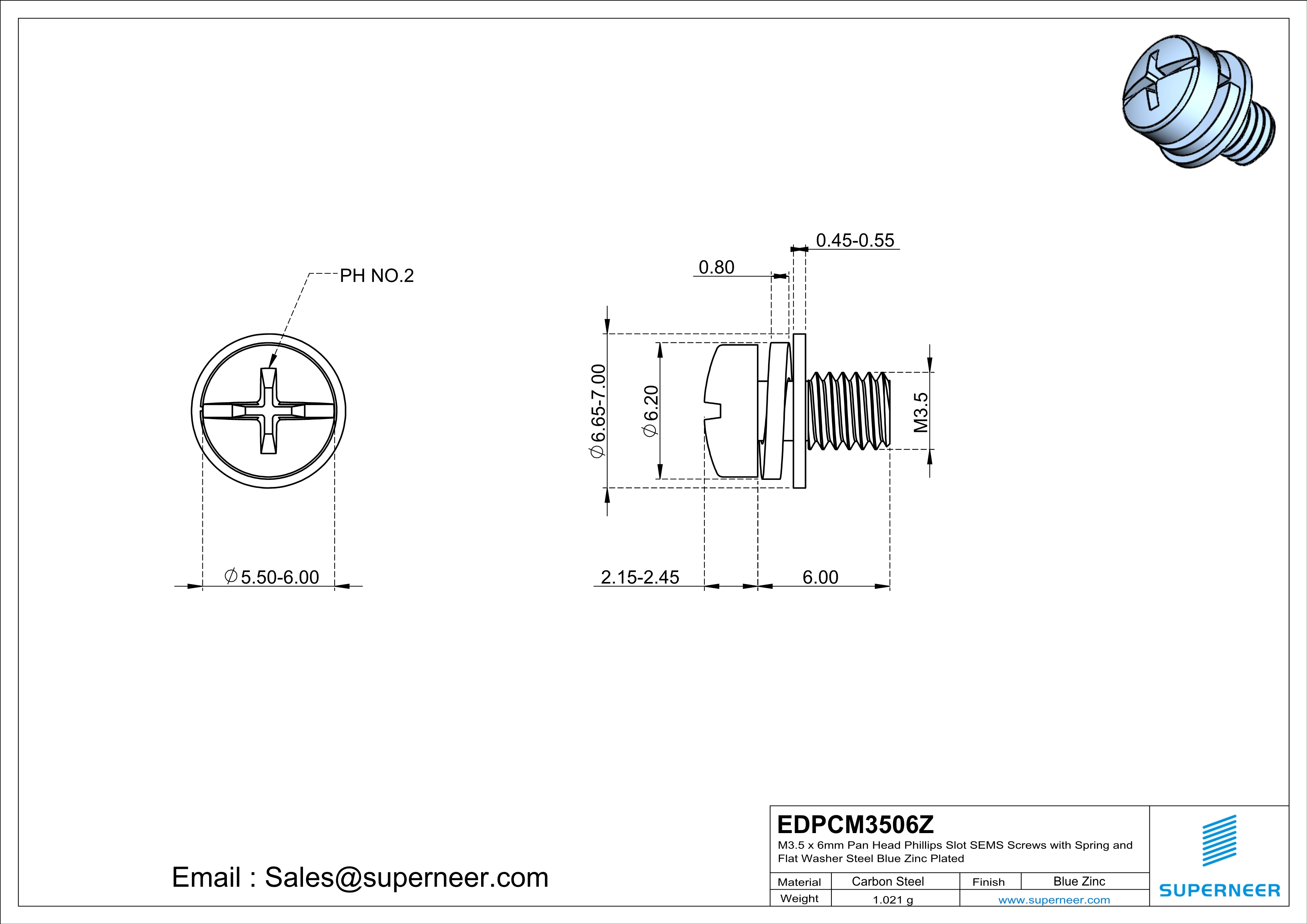 M3.5 x 6mm Pan Head Phillips Slot SEMS Screws with Spring and Flat Washer Steel Blue Zinc Plated