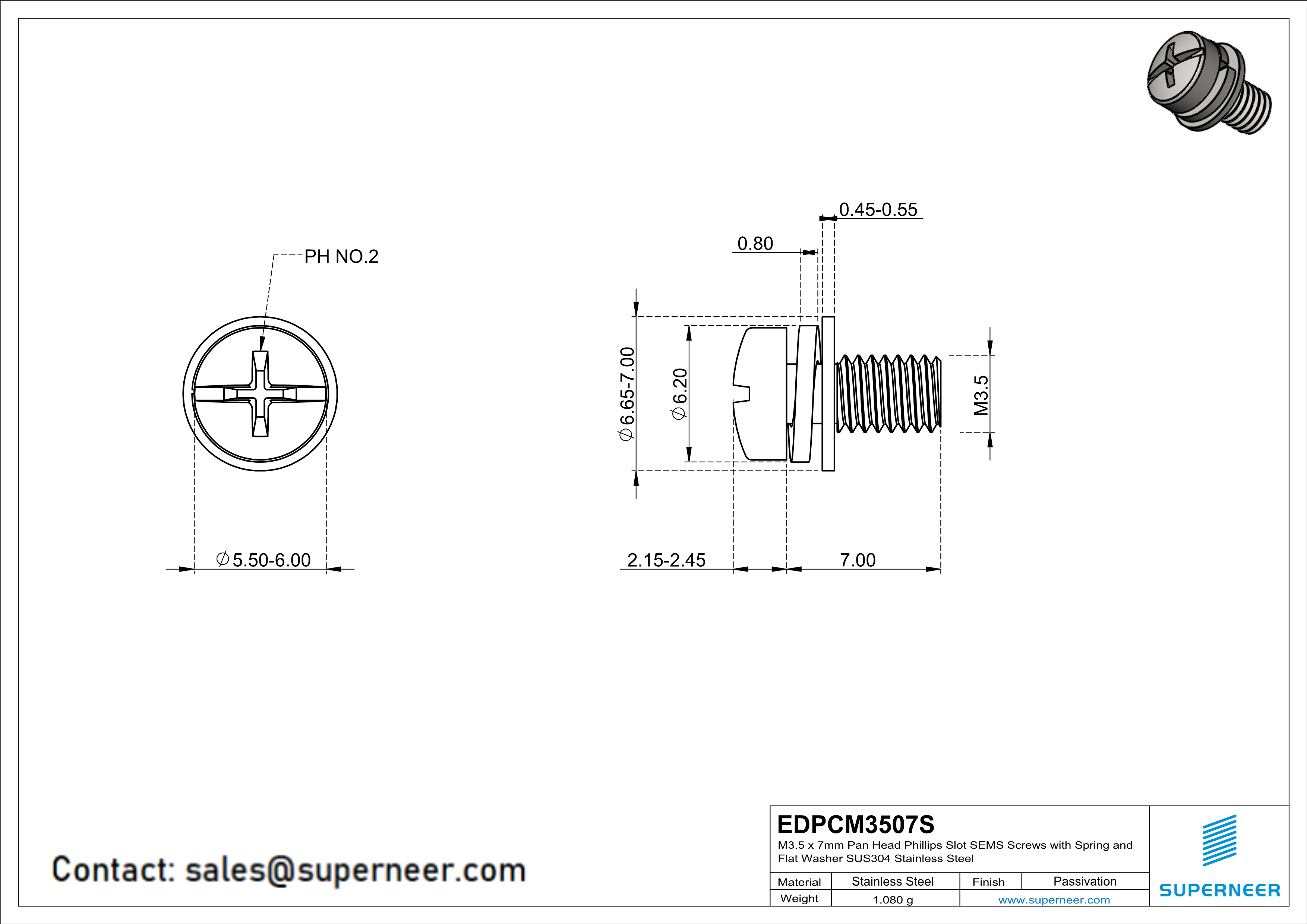 M3.5 x 7mm Pan Head Phillips Slot SEMS Screws with Spring and Flat Washer SUS304 Stainless Steel Inox