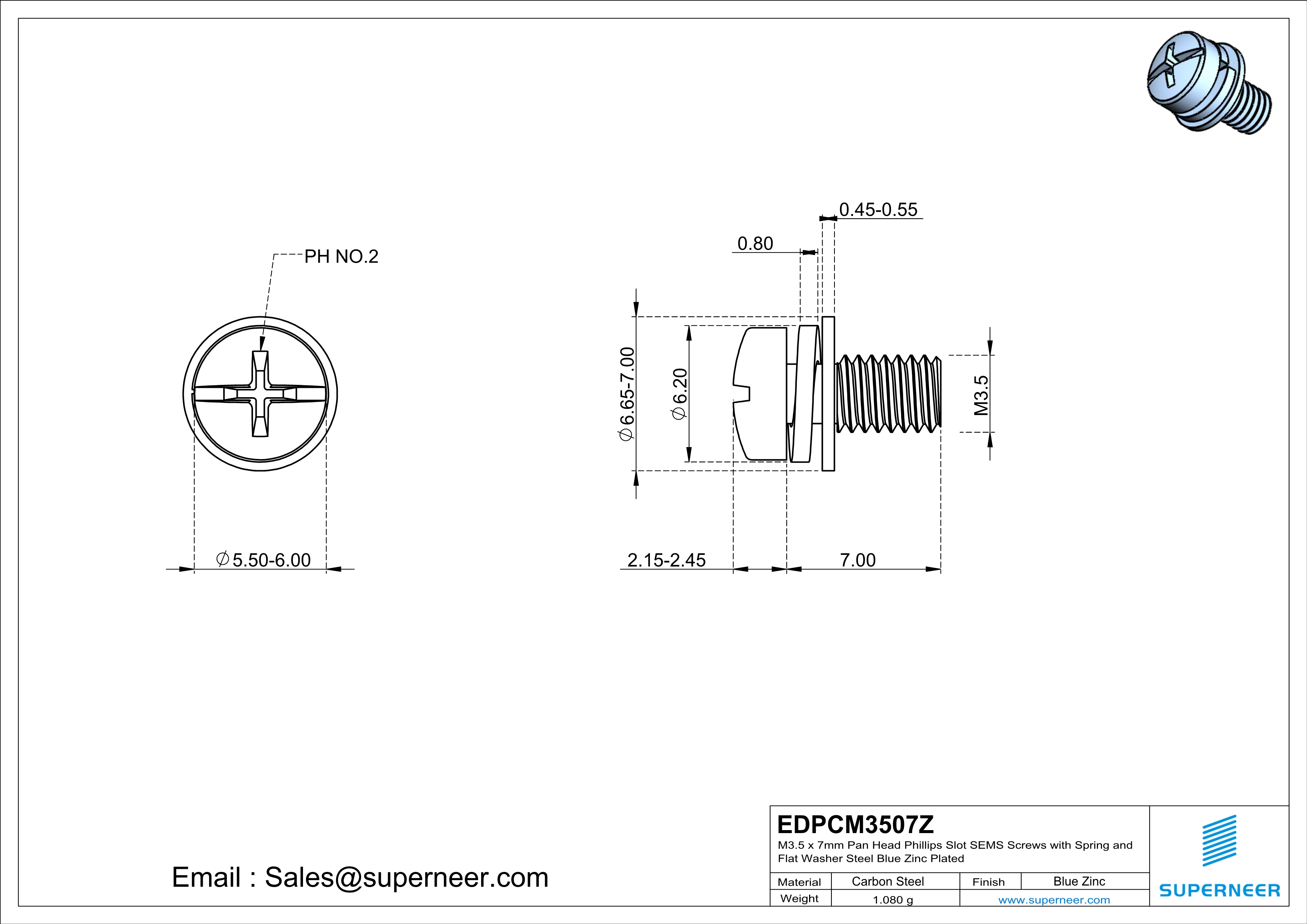 M3.5 x 7mm Pan Head Phillips Slot SEMS Screws with Spring and Flat Washer Steel Blue Zinc Plated