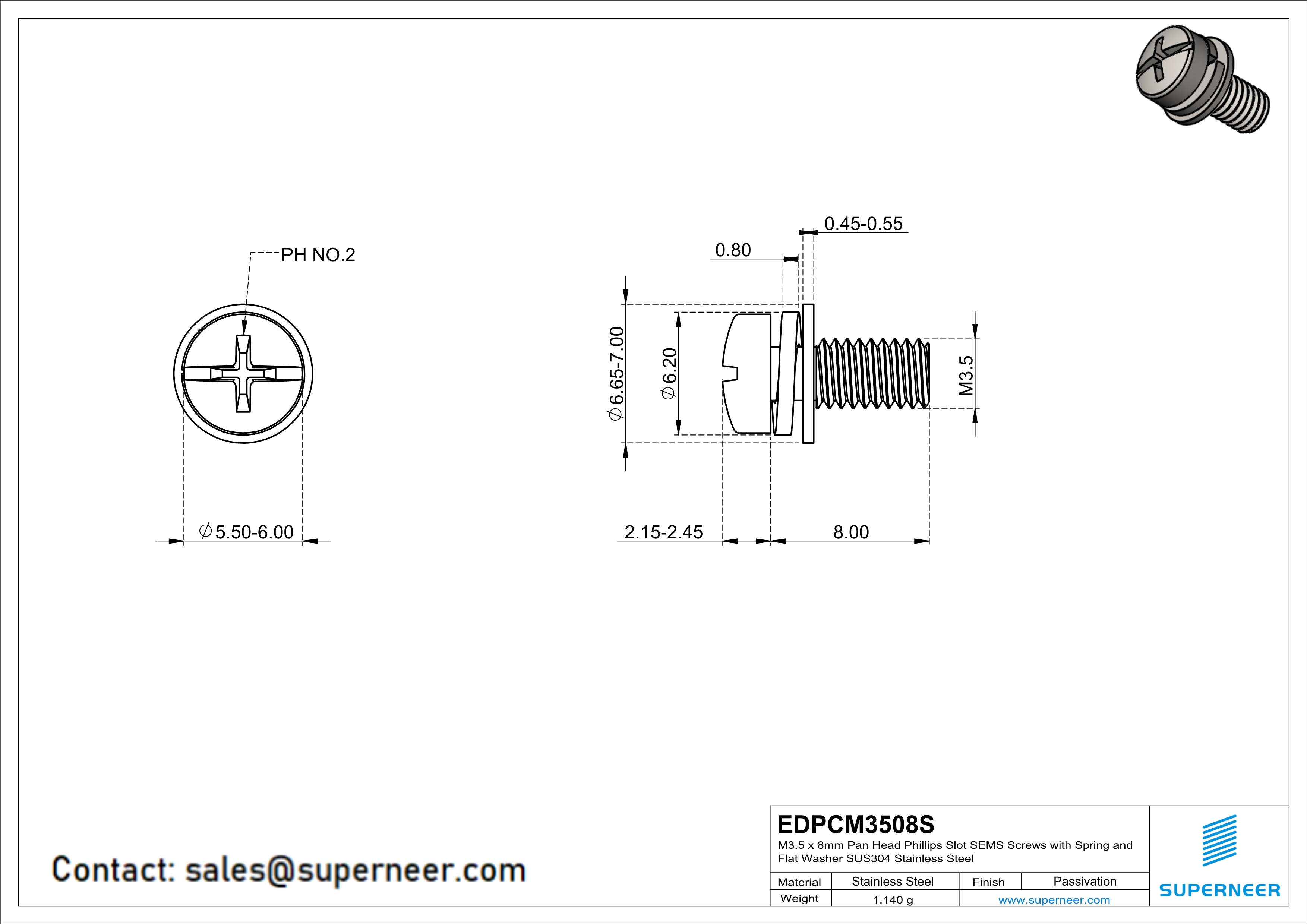 M3.5 x 8mm Pan Head Phillips Slot SEMS Screws with Spring and Flat Washer SUS304 Stainless Steel Inox