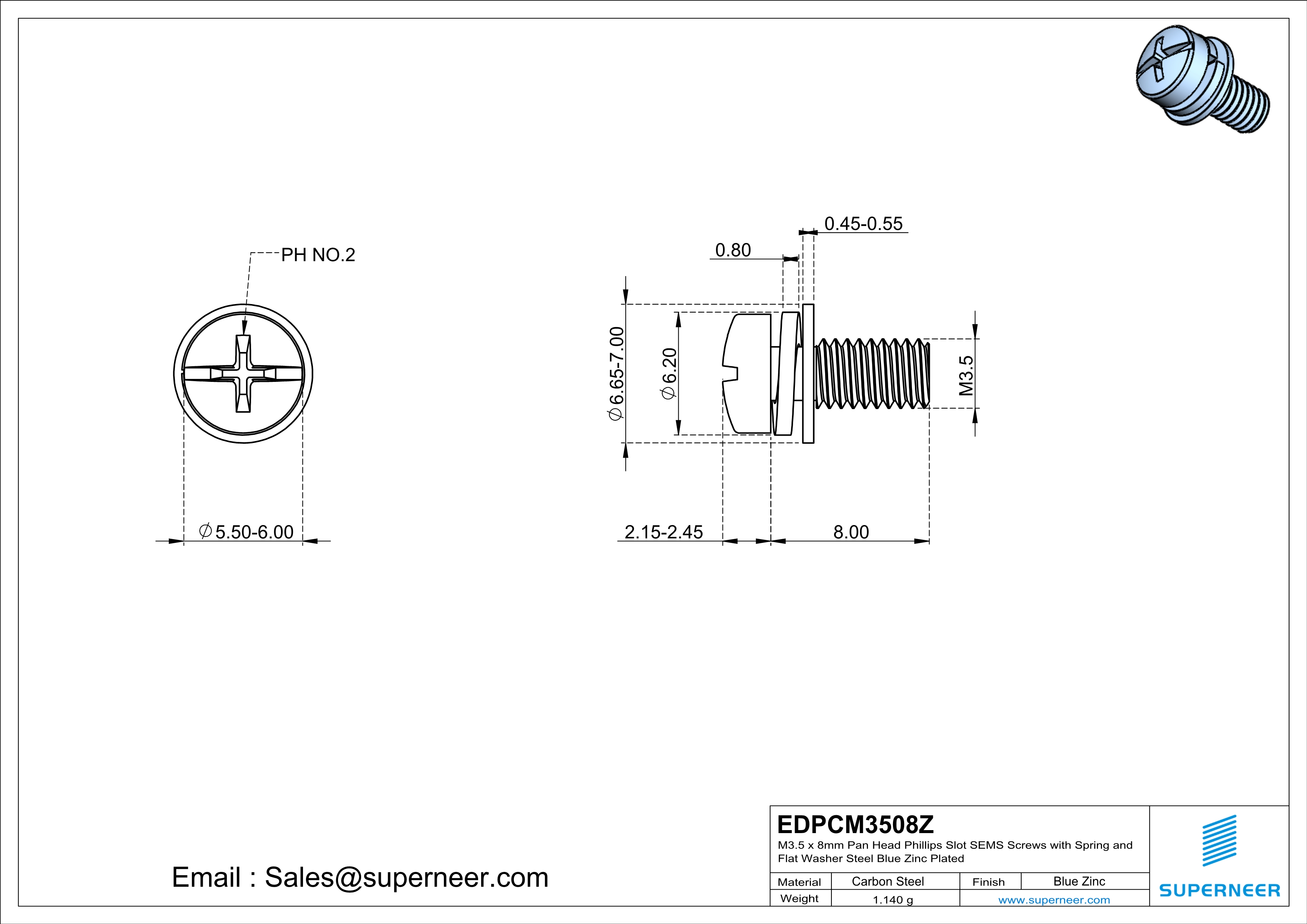 M3.5 x 8mm Pan Head Phillips Slot SEMS Screws with Spring and Flat Washer Steel Blue Zinc Plated