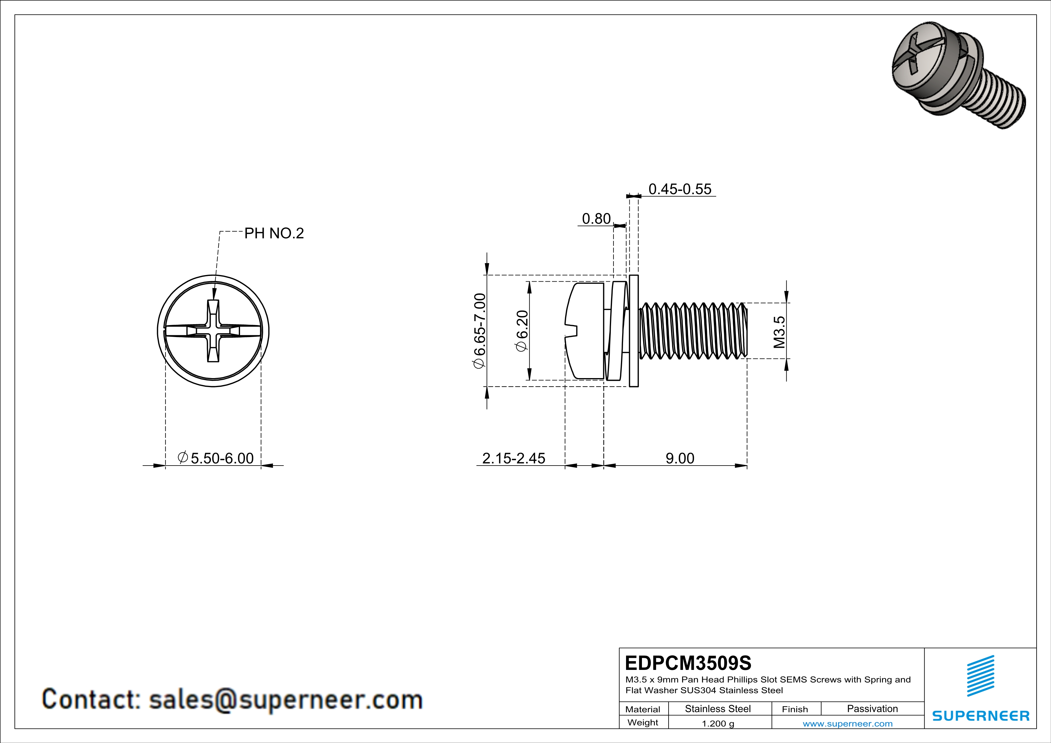 M3.5 x 9mm Pan Head Phillips Slot SEMS Screws with Spring and Flat Washer SUS304 Stainless Steel Inox