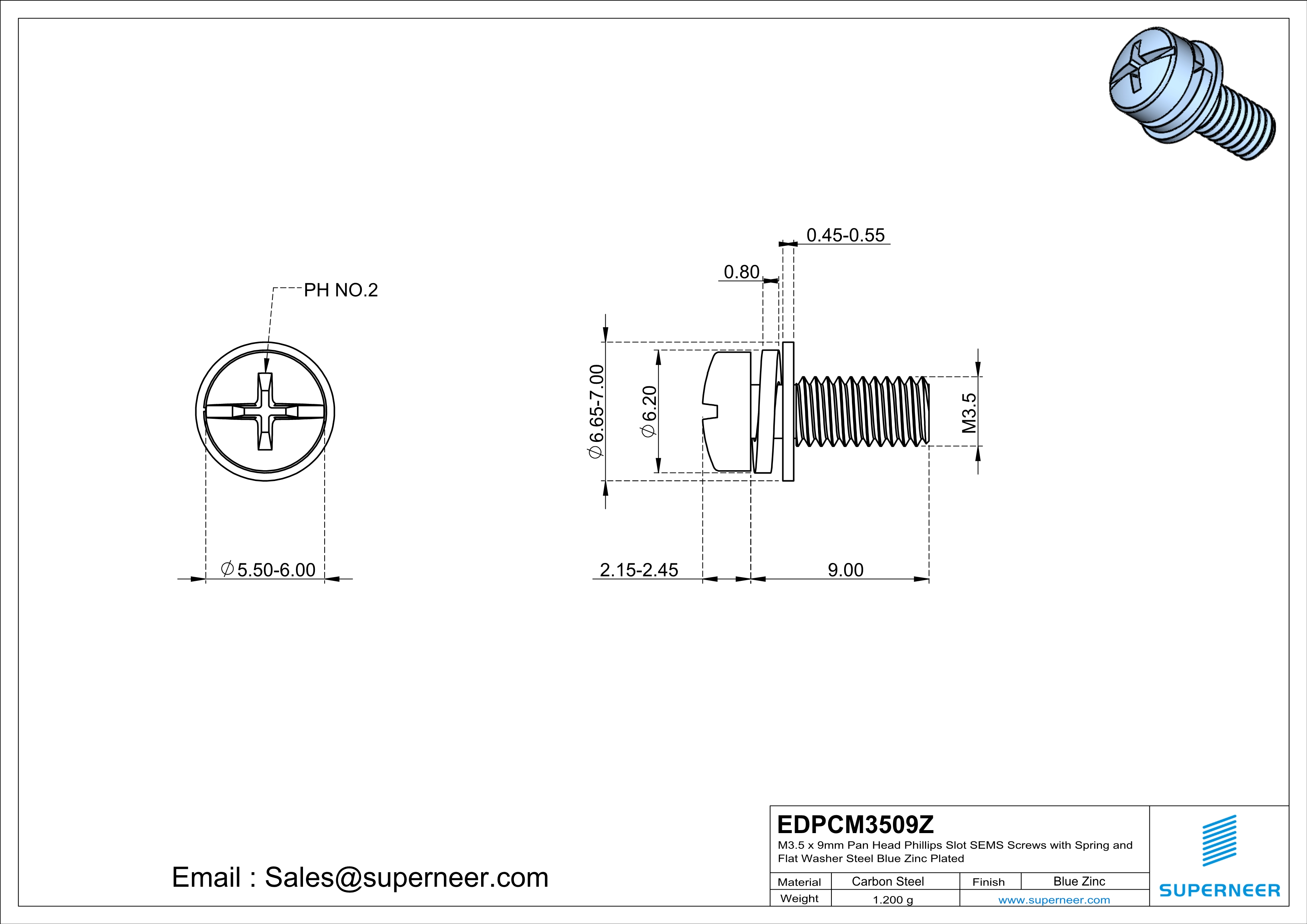 M3.5 x 9mm Pan Head Phillips Slot SEMS Screws with Spring and Flat Washer Steel Blue Zinc Plated