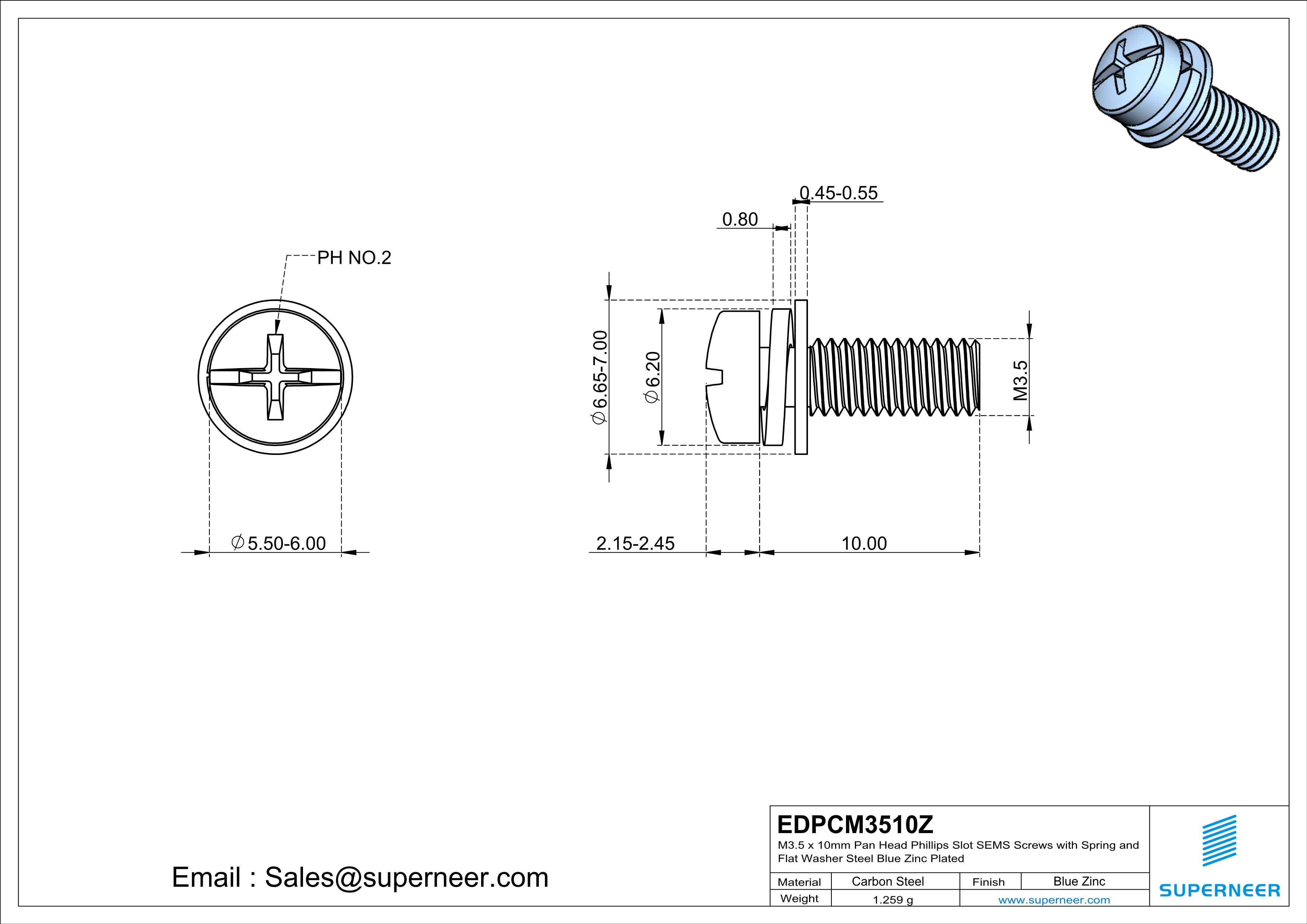 M3.5 x 10mm Pan Head Phillips Slot SEMS Screws with Spring and Flat Washer Steel Blue Zinc Plated