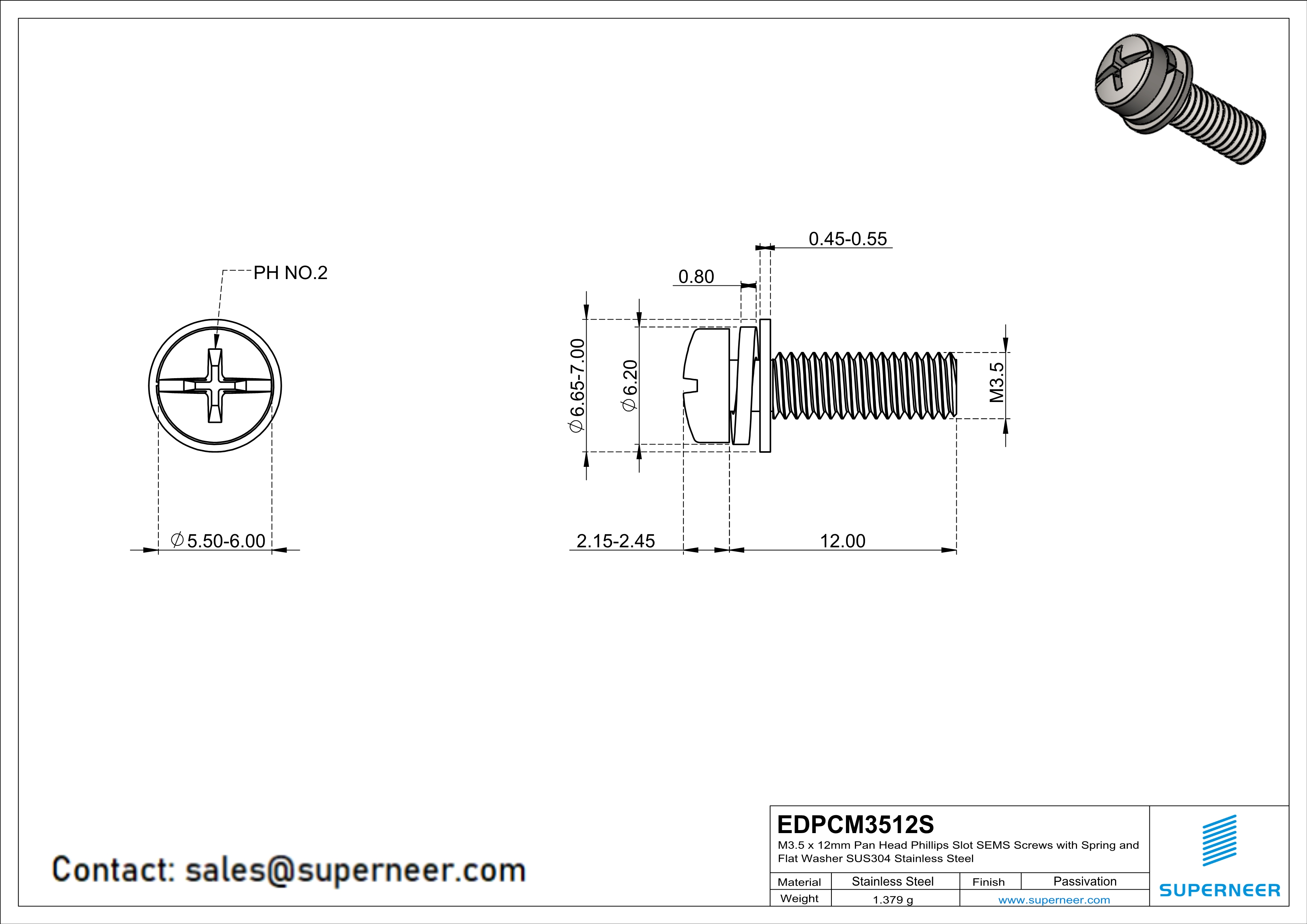 M3.5 x 12mm Pan Head Phillips Slot SEMS Screws with Spring and Flat Washer SUS304 Stainless Steel Inox