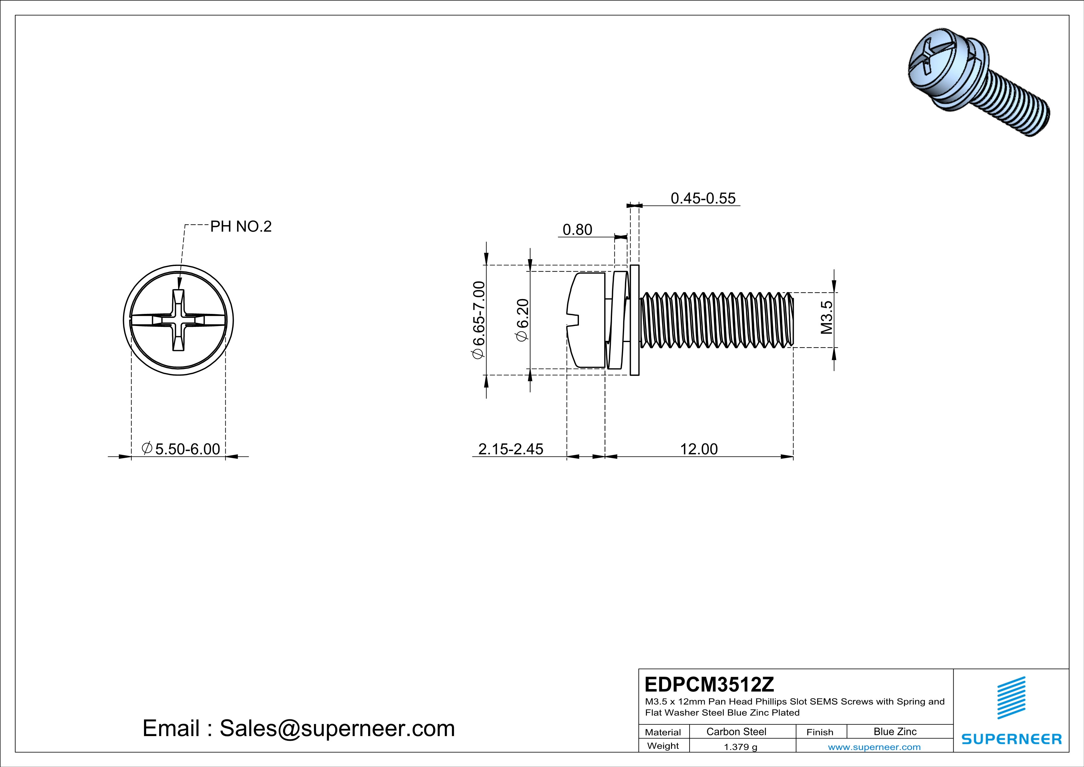 M3.5 x 12mm Pan Head Phillips Slot SEMS Screws with Spring and Flat Washer Steel Blue Zinc Plated