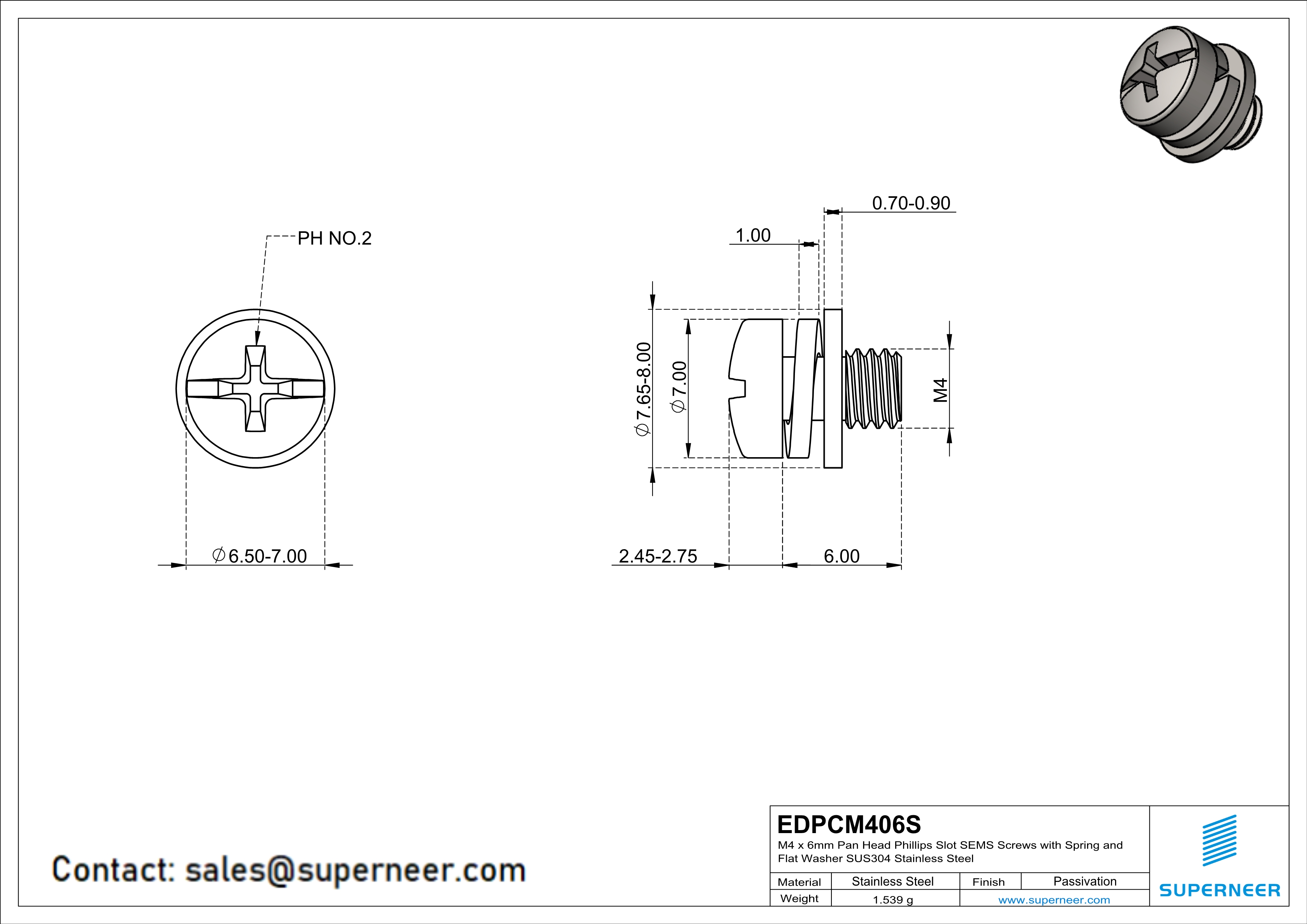 M4 x 6mm Pan Head Phillips Slot SEMS Screws with Spring and Flat Washer SUS304 Stainless Steel Inox