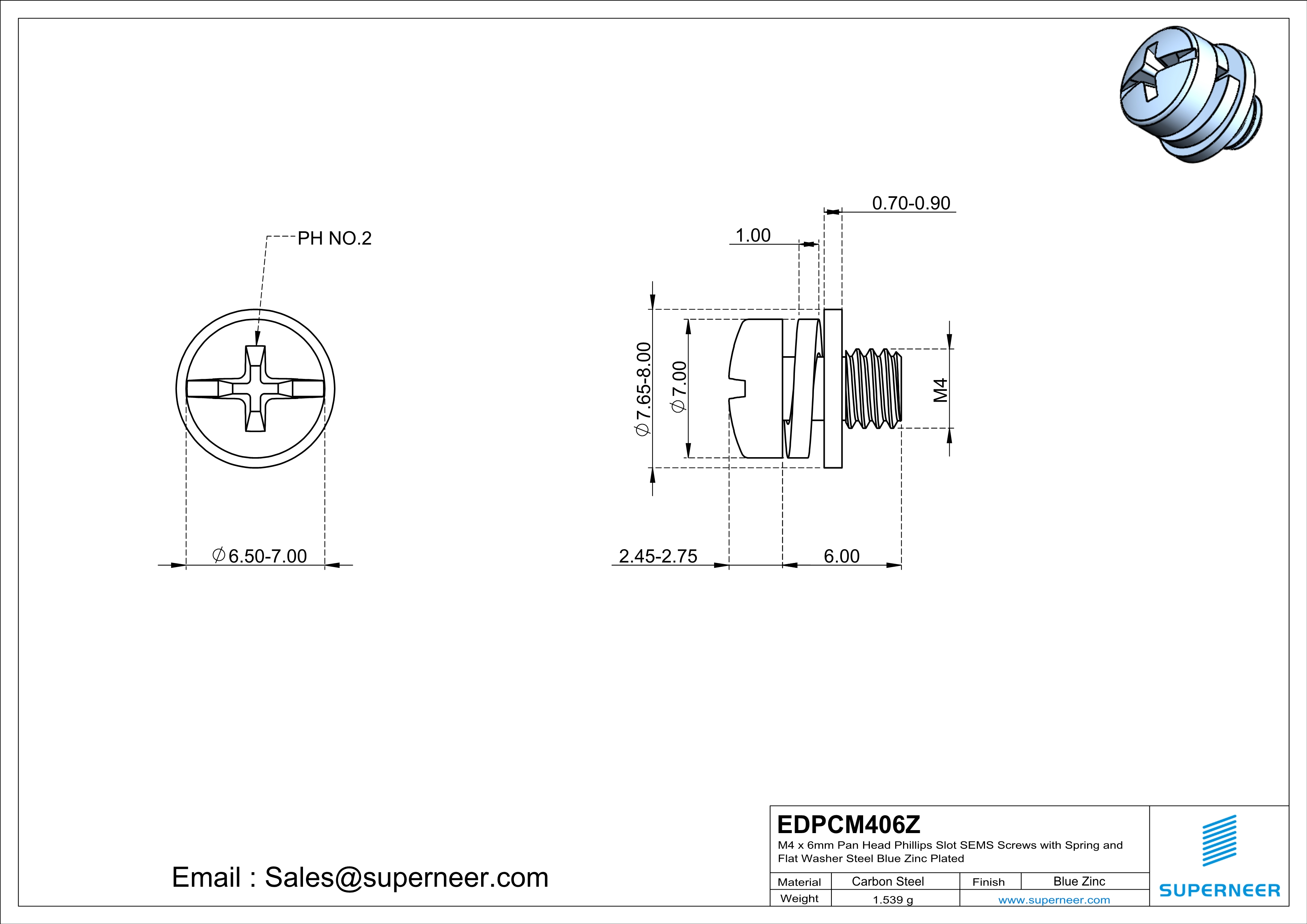 M4 x 6mm Pan Head Phillips Slot SEMS Screws with Spring and Flat Washer Steel Blue Zinc Plated