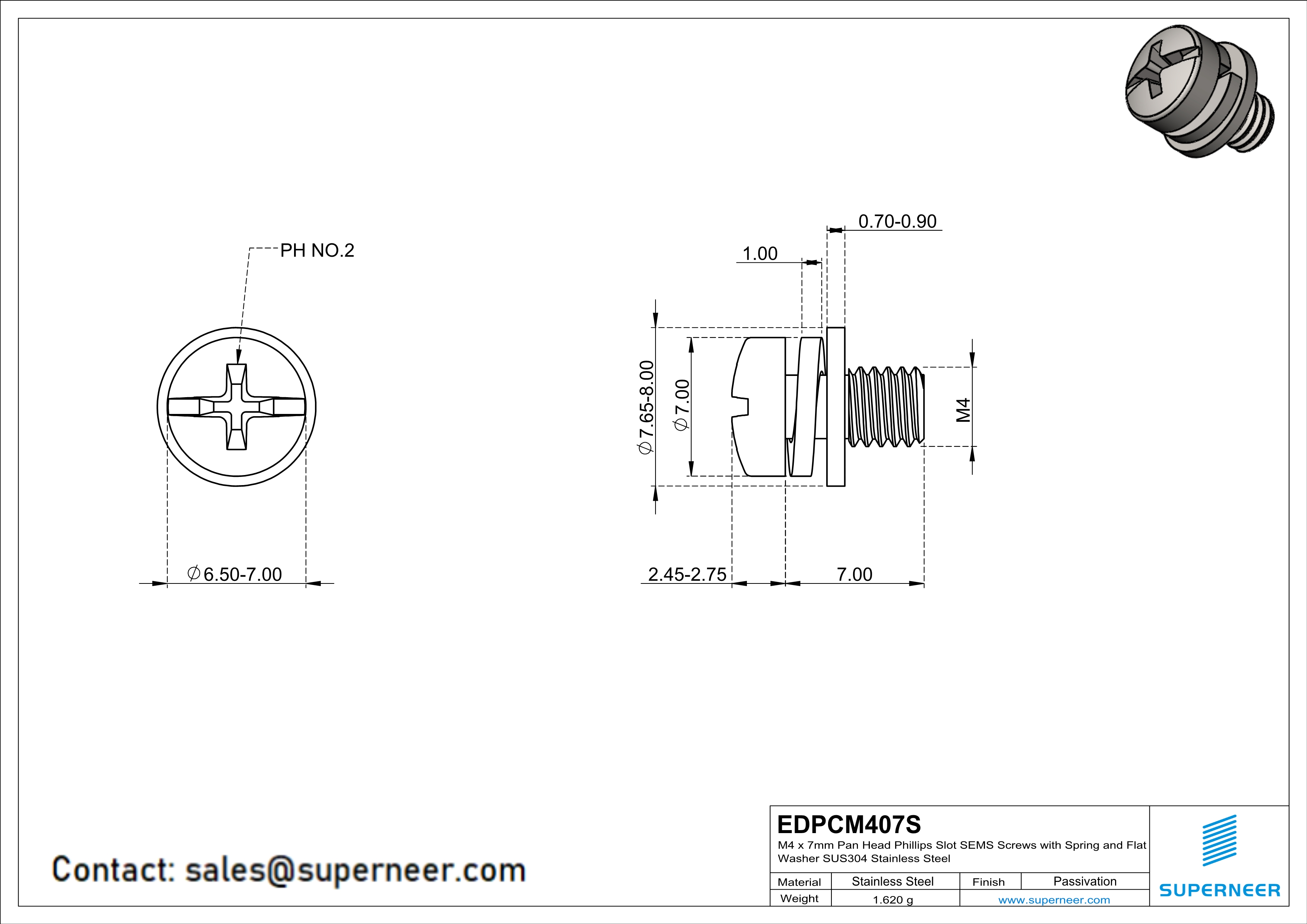 M4 x 7mm Pan Head Phillips Slot SEMS Screws with Spring and Flat Washer SUS304 Stainless Steel Inox