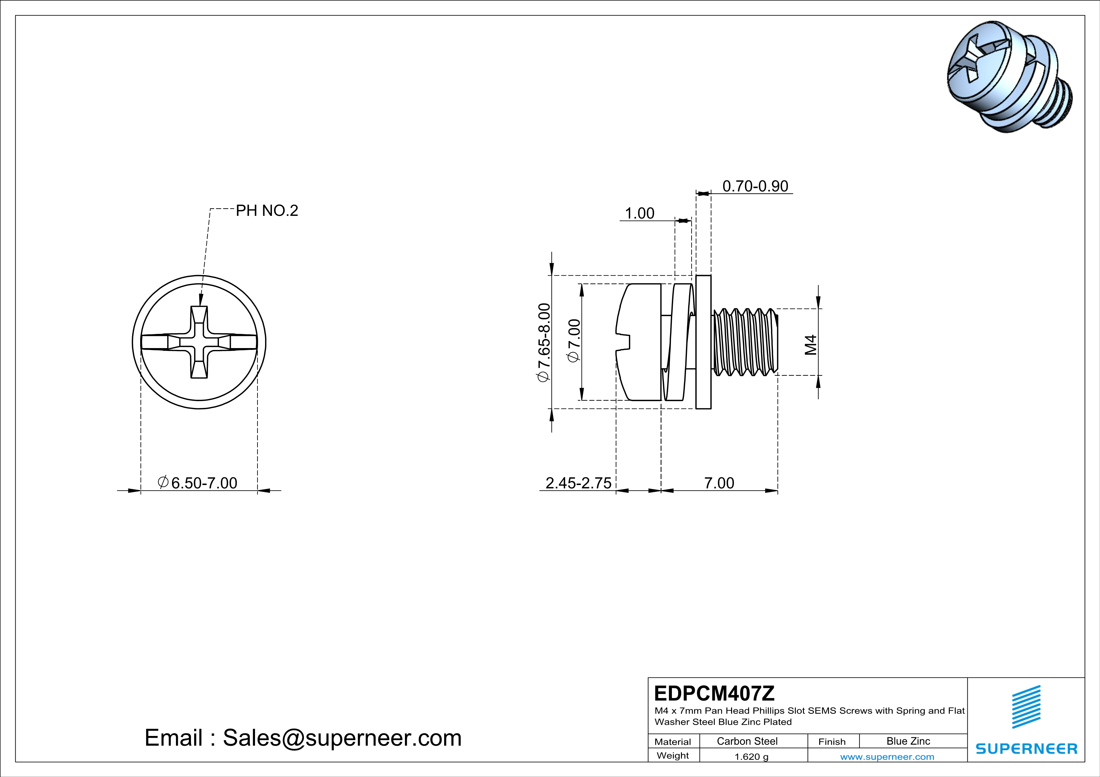 M4 x 7mm Pan Head Phillips Slot SEMS Screws with Spring and Flat Washer Steel Blue Zinc Plated